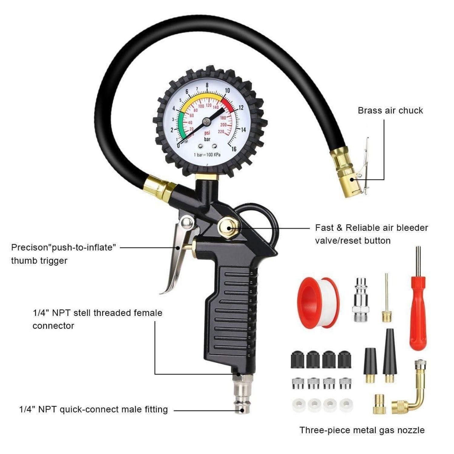 LuxusKollektion Reifenfüllmessgerät Reifendruckprüfer 220PSI Ventilkern Kompressor Zubehör Auto B