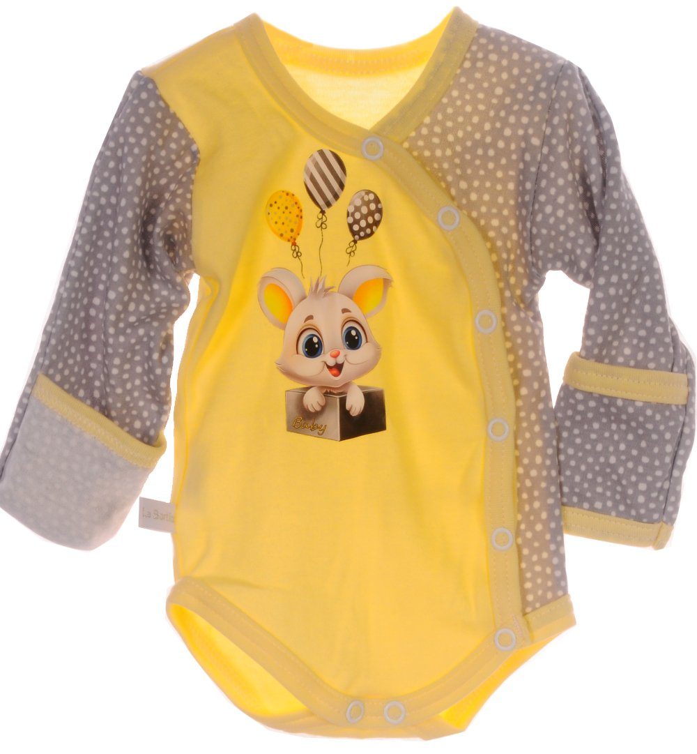La Bortini Wickelbody Baby Body Langarmbody mit Kratzschutz in Geln mit Hase 44 50 56 62 68 74 80 86 aus reiner Baumwolle