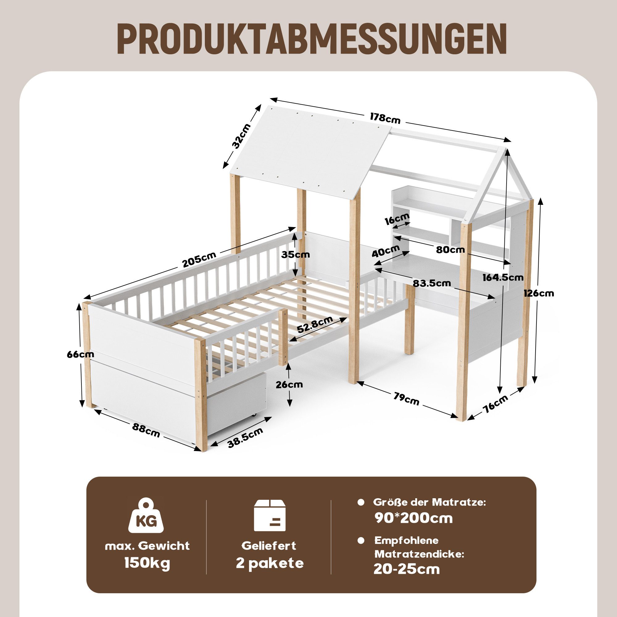LVHOM Hausbett 90x200,Schreibtisch,Schubladen mit Rollen,Rausfallschutz & Lattenrost (Spar-Set, L-förmig, Schreibtisch, Bücherregal, 1 Schubladen, Naturholz), Multifunktionales Hausbett aus Massivholz in Weiß