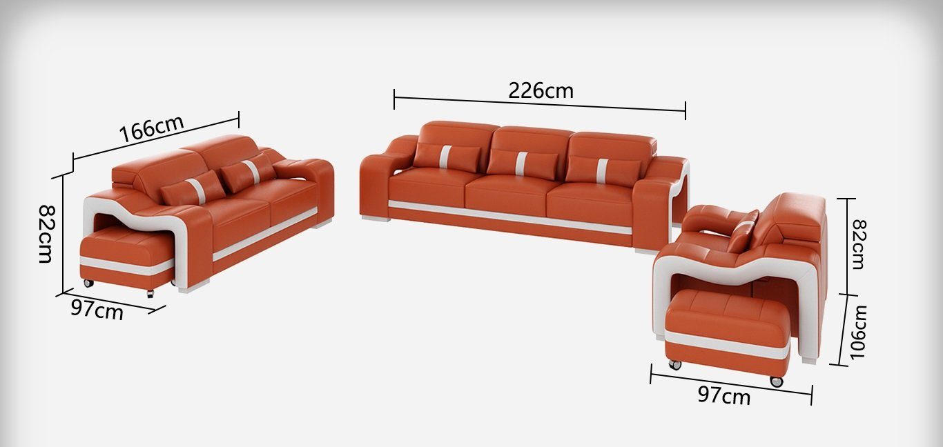 JVmoebel Sofa Leder Sitzer Set Sofa Couch Polster 322 Designer Modern Sofagarnitur Orange/Weiß