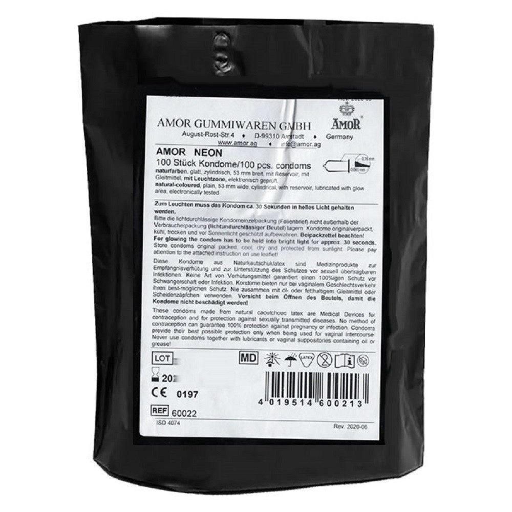 Amor Kondome Neon Packung mit, 100 St., Leuchtkondome für fluoreszierendes Vergnügen, fluoreszierende Kondome, leuchten im Dunkeln