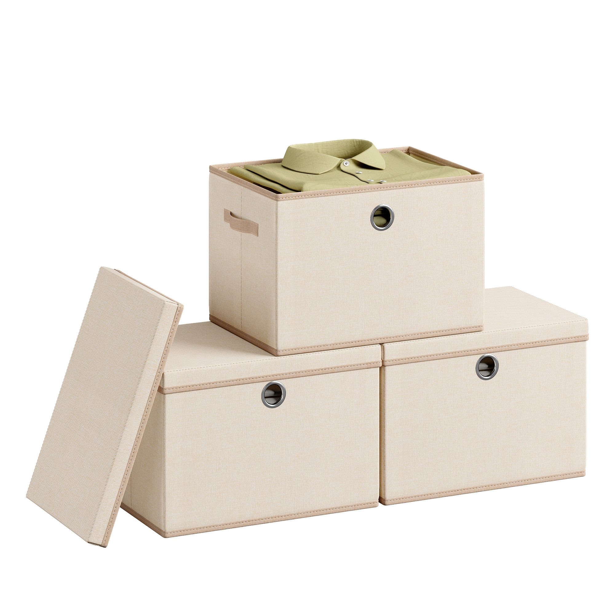 SONGMICS Aufbewahrungsbox Aufbewahrungsboxen, mit Deckel, faltbare Stoffbox mit Griffen, 3er Set, 43 x 30 x 30 cm, Vliesstoff