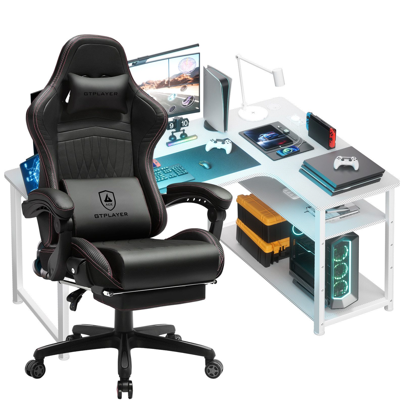 GTPLAYER Gaming-Stuhl Gaming Tisch + Gaming Stuhl- Set, Computertisch Stuhl Set für Gaming