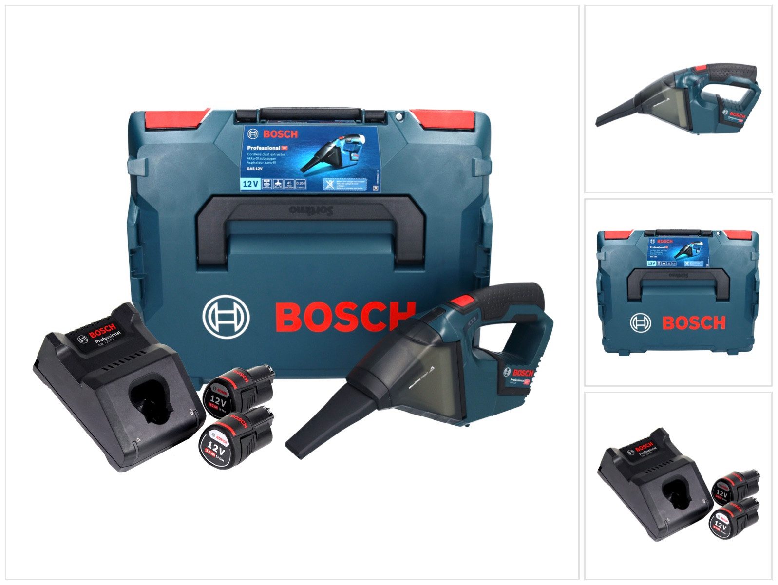 Bosch Professional Akku-Handstaubsauger GAS 12V Professional Akku Staubsauger 12 V 0,35 l + 2x Akku 3,0 Ah +