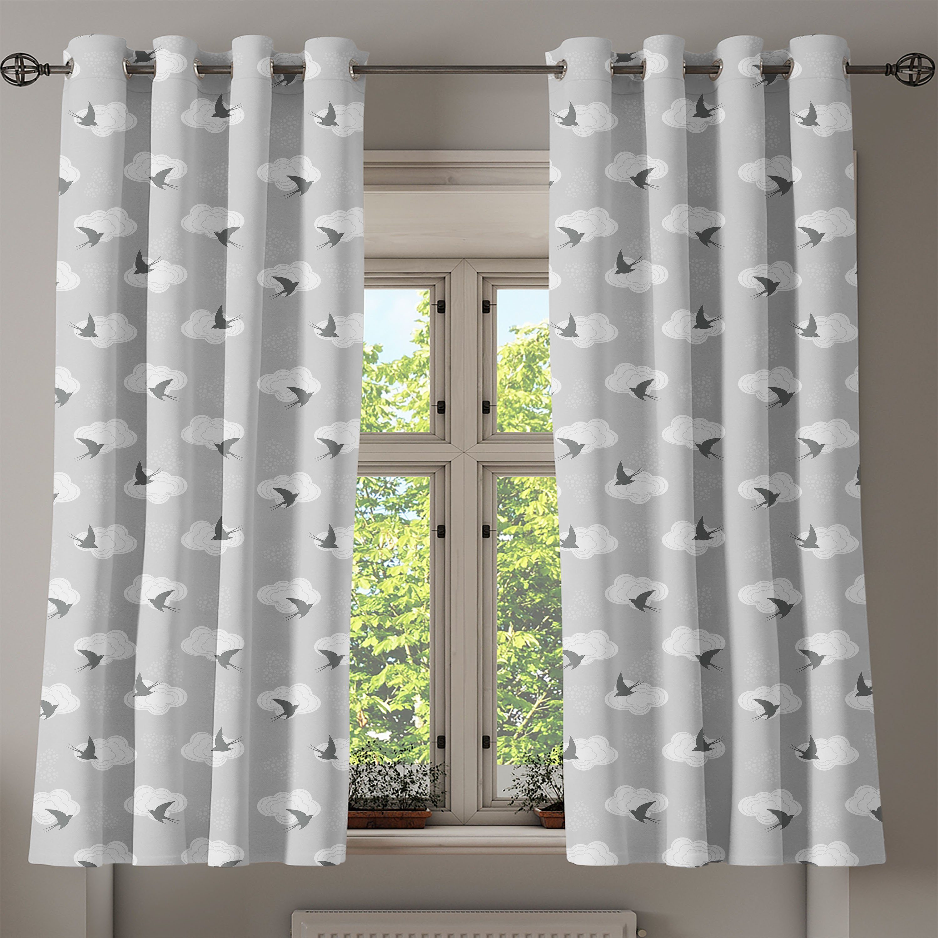 Wolken den Vögel Schlafzimmer für Wohnzimmer, Dekorative zwischen 2-Panel-Fenstervorhänge Abakuhaus, Grau Schwalbe Gardine
