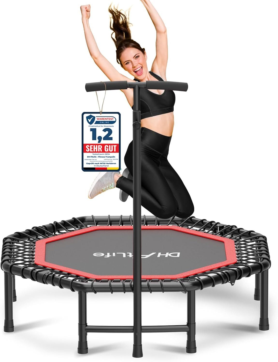 DH FitLife Fitnesstrampolin Indoor klappbar Ø 121 cm, 150 kg belastbar, Ø 121 cm, 3-fach verstellbarer Handgriff, stabil & geräuscharm