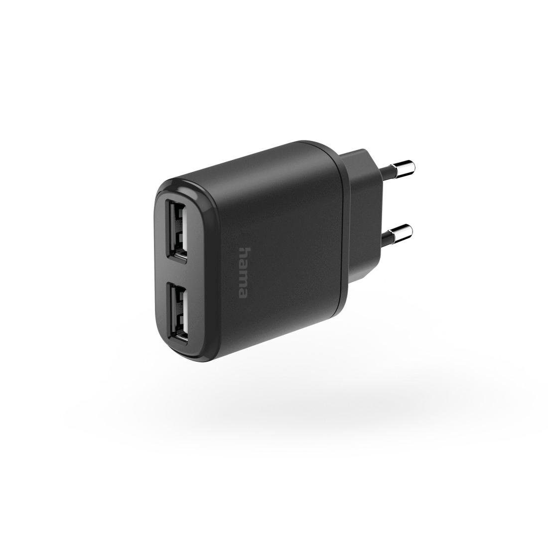 Ladegerät mit 2x USB-A-Buchse, 12 W, Schwarz USB-Ladegerät