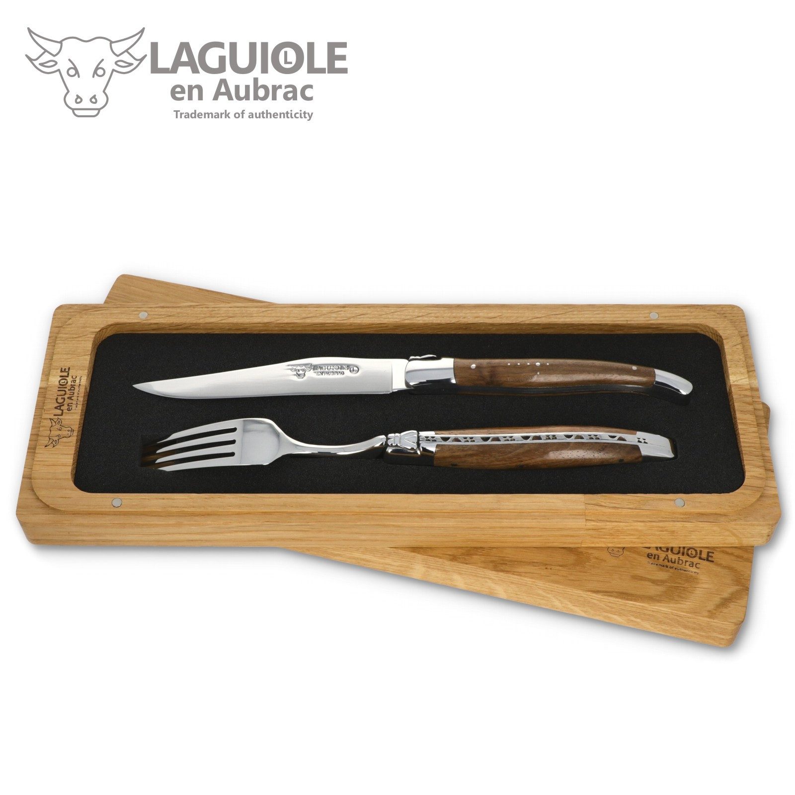 Laguiole en Aubrac Steakbesteck 1CF99NOIH BRI, 1 Messer / 1 Gabel - Griff Nussbaum - Backen glänzend - Stahl glänzend