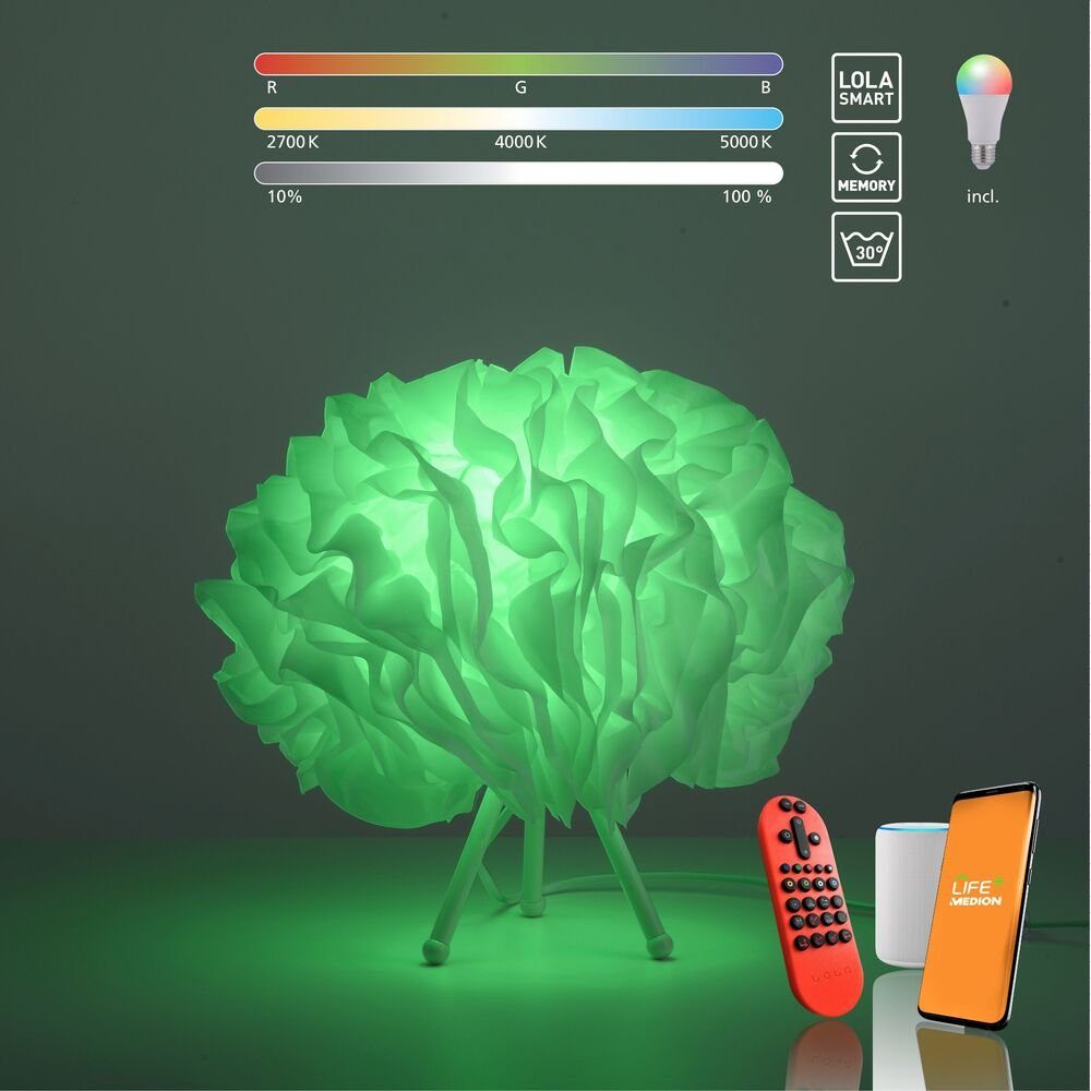 LeuchtenDirekt LED Tischleuchte LED Tischleuchte LOLAsmart - NAOMI, Dimmbar  über Infrarotfernbedienung (Leuchtmittel ist dimmbar),  CCT-Farbtemperaturwechsel, RGB Farbwechsel, Memoryfuktion,. inkusive  An-/Ausschalter, 1xE27/10W/RGB, 2700-5000K, Warmweiß | Standleuchten