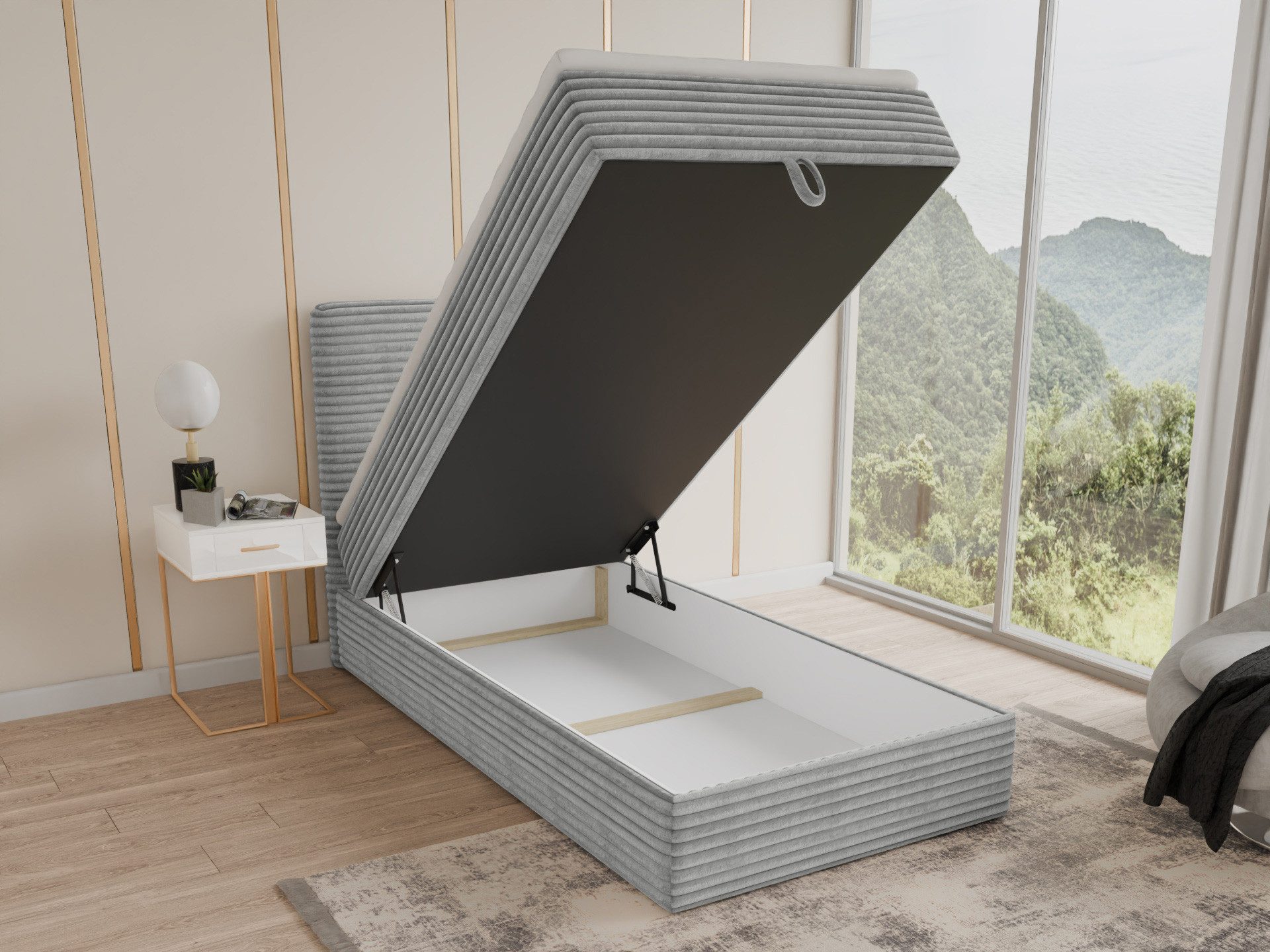 Sofnet Boxbett Mollo Mini (großer Bettkasten, Bonell-Matratze und Topper), Einzelbett, Polsterbett mit Kopfteil, Boxspringbett, Cordstoff