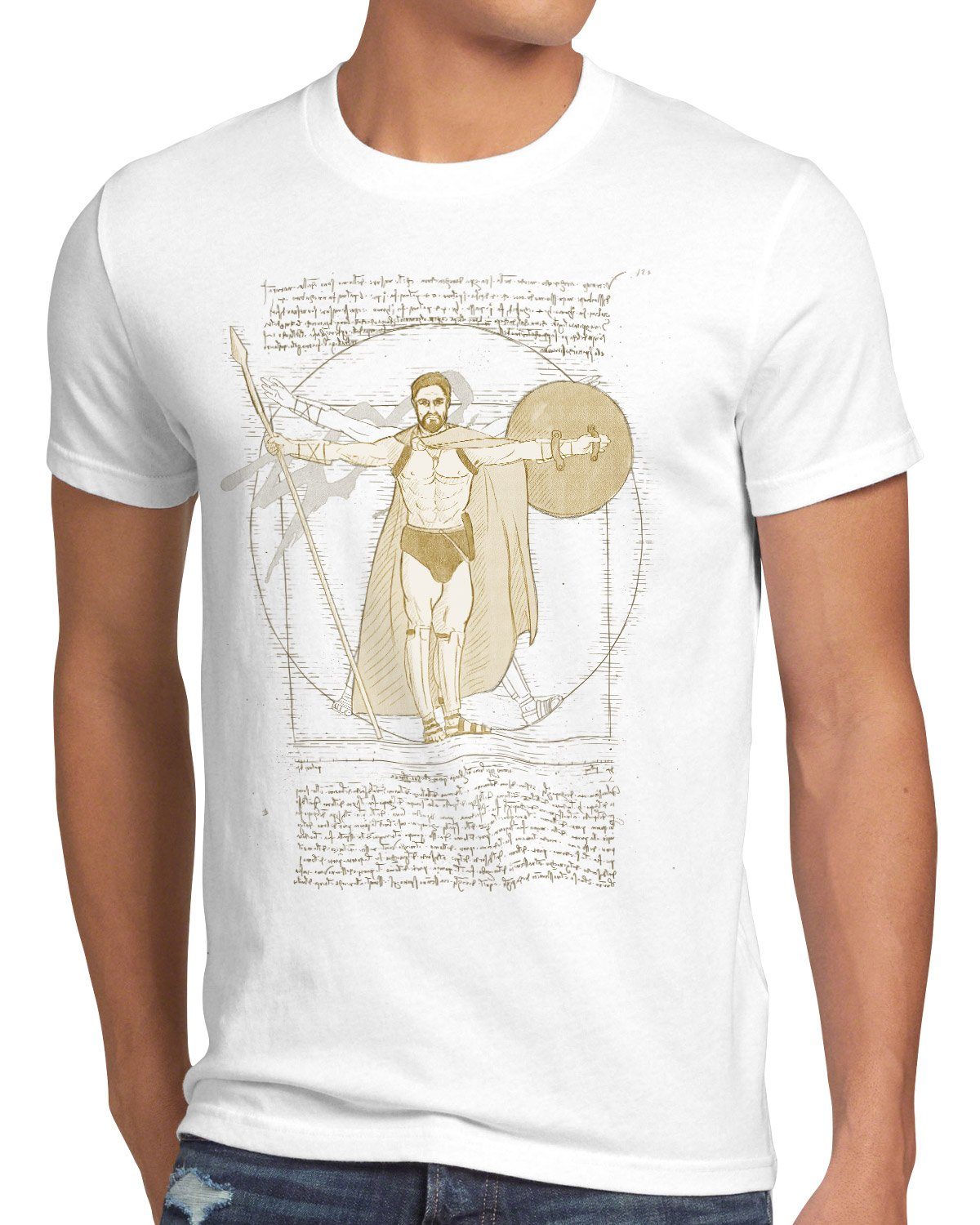 style3 Print-Shirt Herren T-Shirt Vitruvianischer Spartaner antiker kämpfer 300 dreihundert weiß