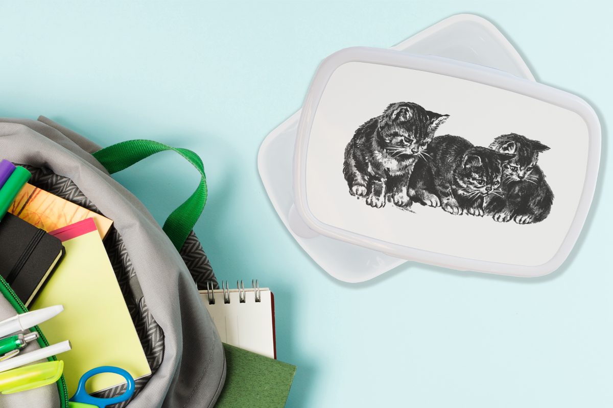 Brotdose, MuchoWow Katze - weiß Kinder und Erwachsene, Tiere, - für und Mädchen Retro (2-tlg), Jungs Kunststoff, Brotbox für Lunchbox