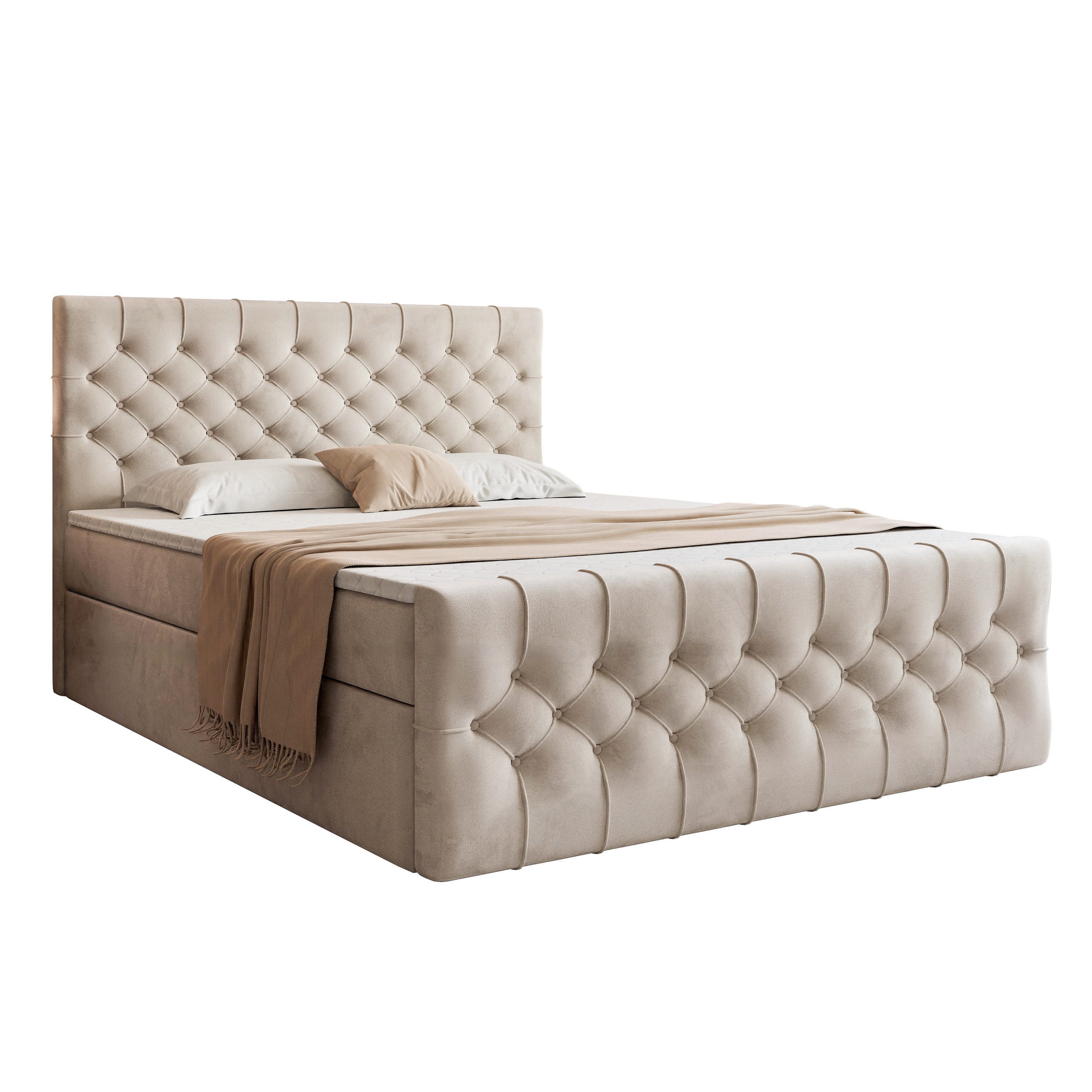 Goldstoff Boxspringbett TAURIEL mit Federkernmatratze & Topper, zwei Bettkästen (von 120 bis 200x200 cm), modernes Doppelbett aus Velvet Stoff mit edlem Kopfteil