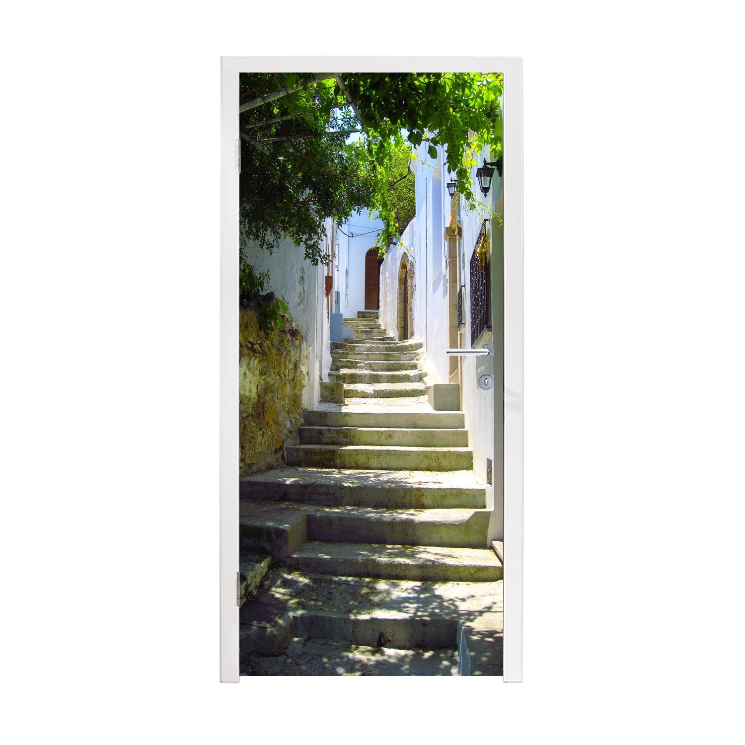 cm Treppen von den Tür, St), bedruckt, Schöne für 75x205 Altstadt in Türtapete MuchoWow (1 Fototapete der Rhodos, Türaufkleber, Matt, Straßen