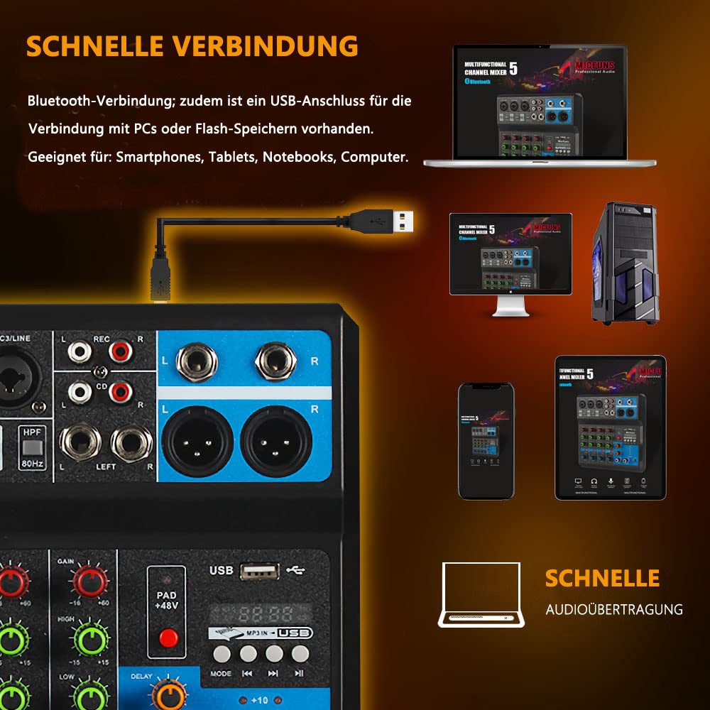 nsihing Mischpult Mini-Audio-DJ-Mixer, Soundboard-Konsolensystem, 5-Kanal, 48 V, Phantomspeisung mit Bluetooth, USB, MP3, Stereo, Live-DJ-Studio