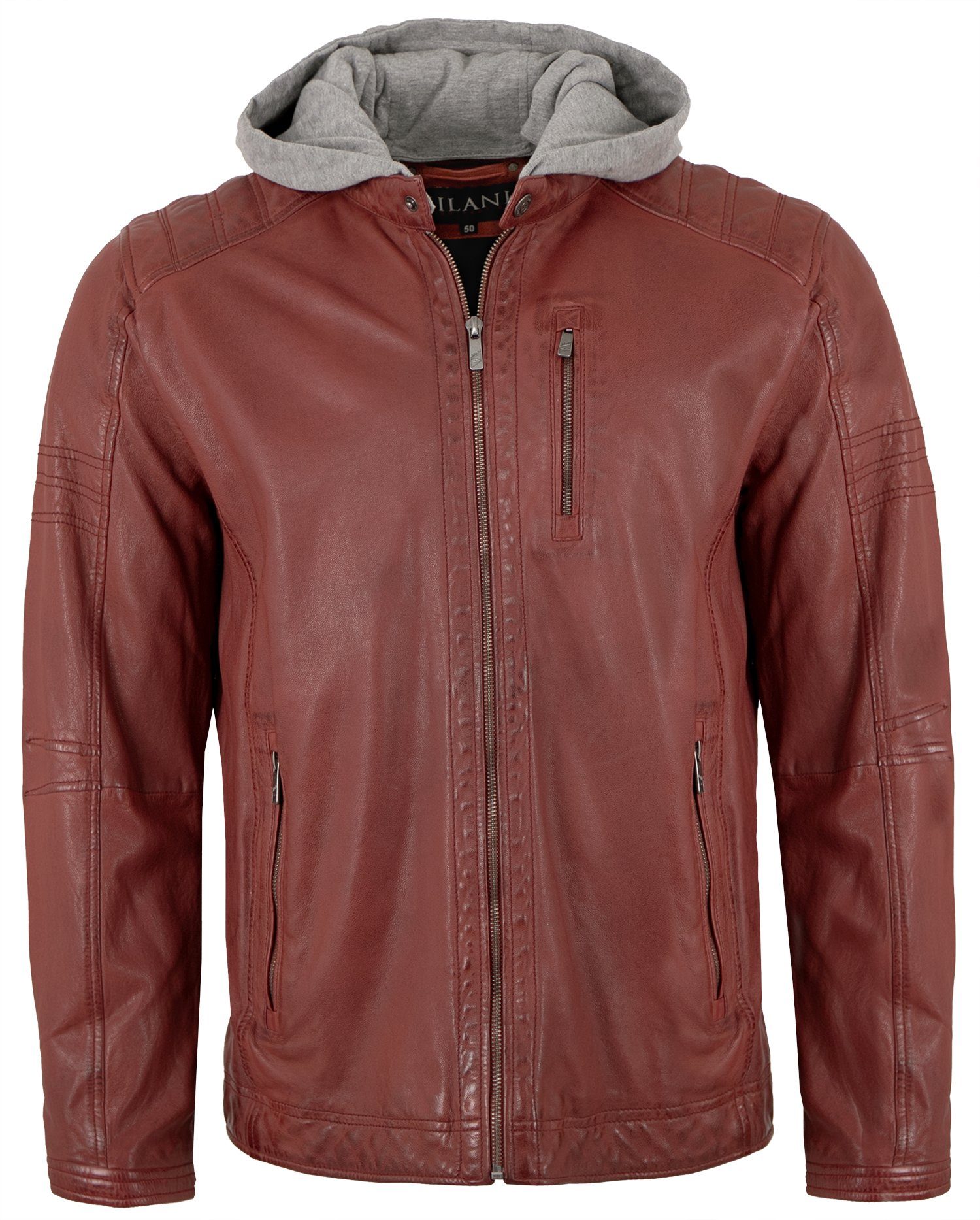 Jilani Lederjacke Raigo-5 Echtleder Herren Lederjacke Bikerjacke Kapuze Lammnappa ox red