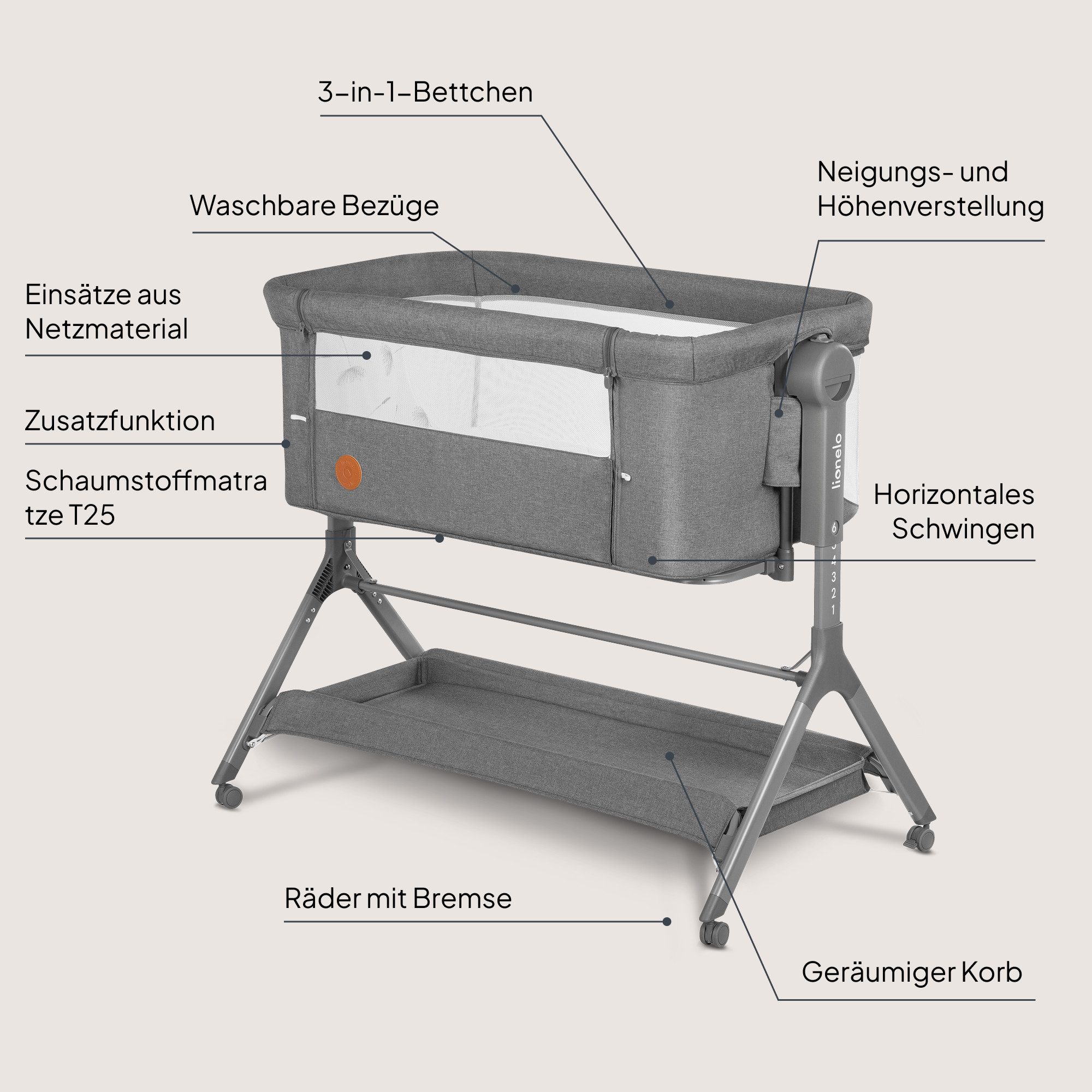 lionelo Reisebett LEONIE PLUS (Set, Set) SUPER Babytragetasche, Wiege, freistehendes Babybett