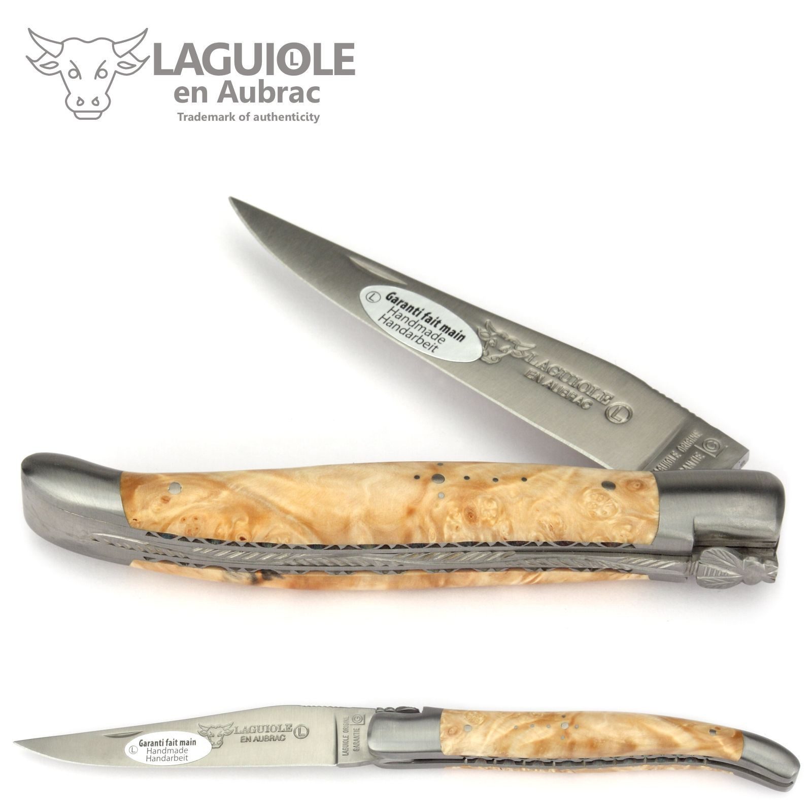 Laguiole en Aubrac Taschenmesser L0712NWIF, Griff 12cm Rosskastanie - Feder verziert - Doppelplatine - Stahl matt