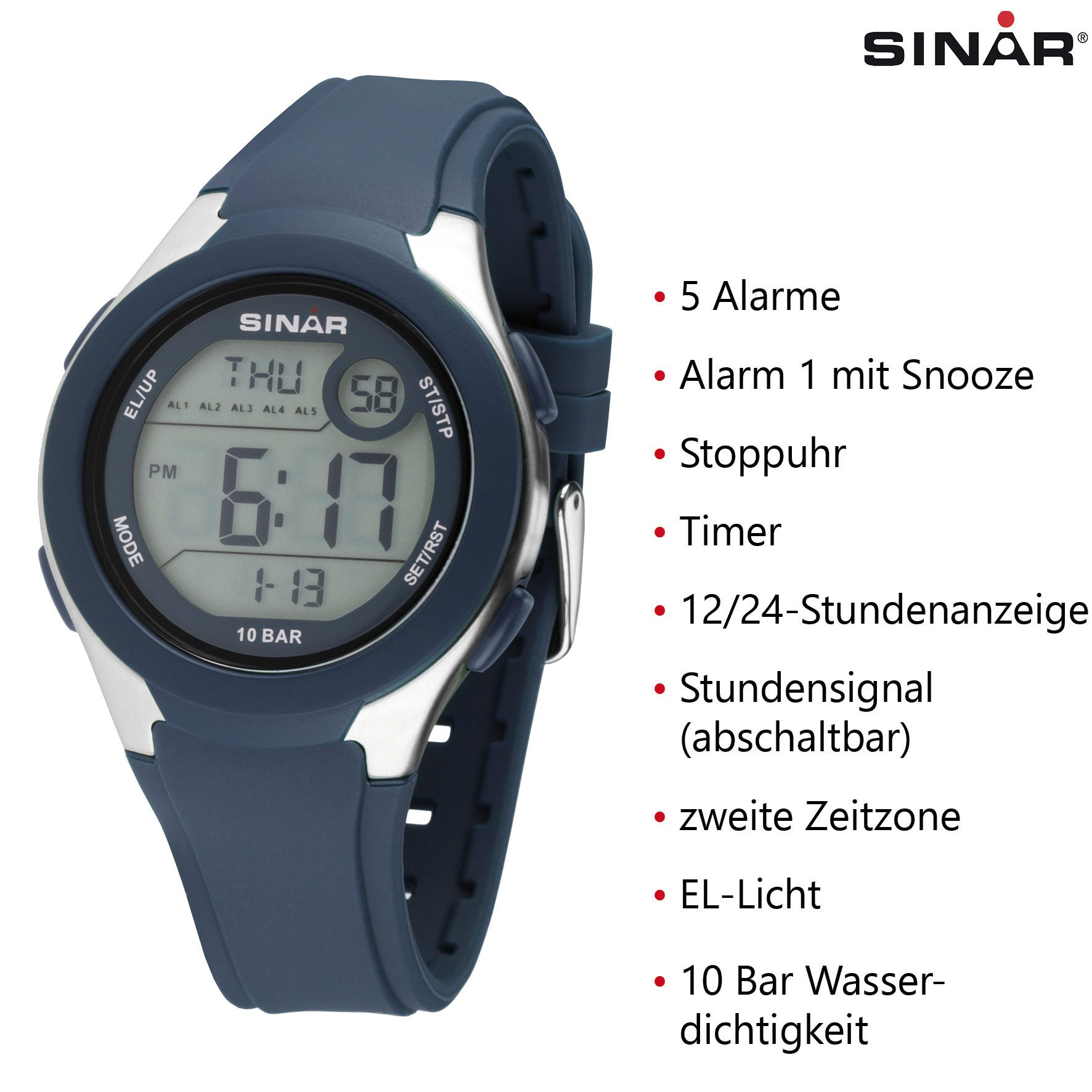 SINAR Digitaluhr XV-19 Jugenduhr Sportuhr Silikonband 10 bar, digital sportlich modern Geschenkidee Jugend Ø 43 mm