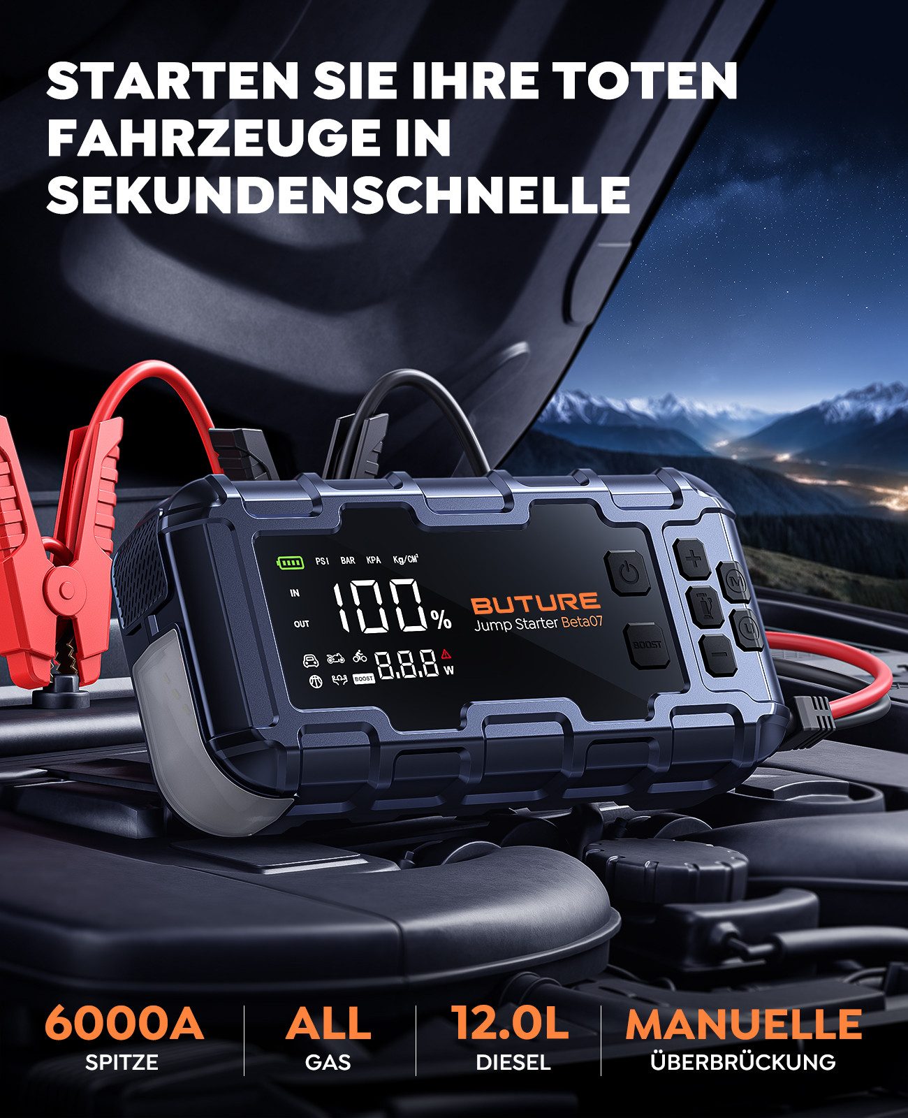 Buture 45W PD Fast Charging Jump Starter, 26800 mAh Power Bank, 6000A Jump Starter, 3-in-1 Power Bank, LED Emergency Light and 160 PSI Tire Inflator, LCD Display