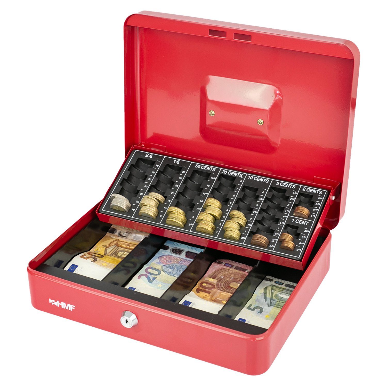 robuste HMF 30,5x24x8,5cm mit Schlüssel, Geldbox Münzzählbrett Scheinfach, mit Abschließbare rot Geldkassette Bargeldkasse und
