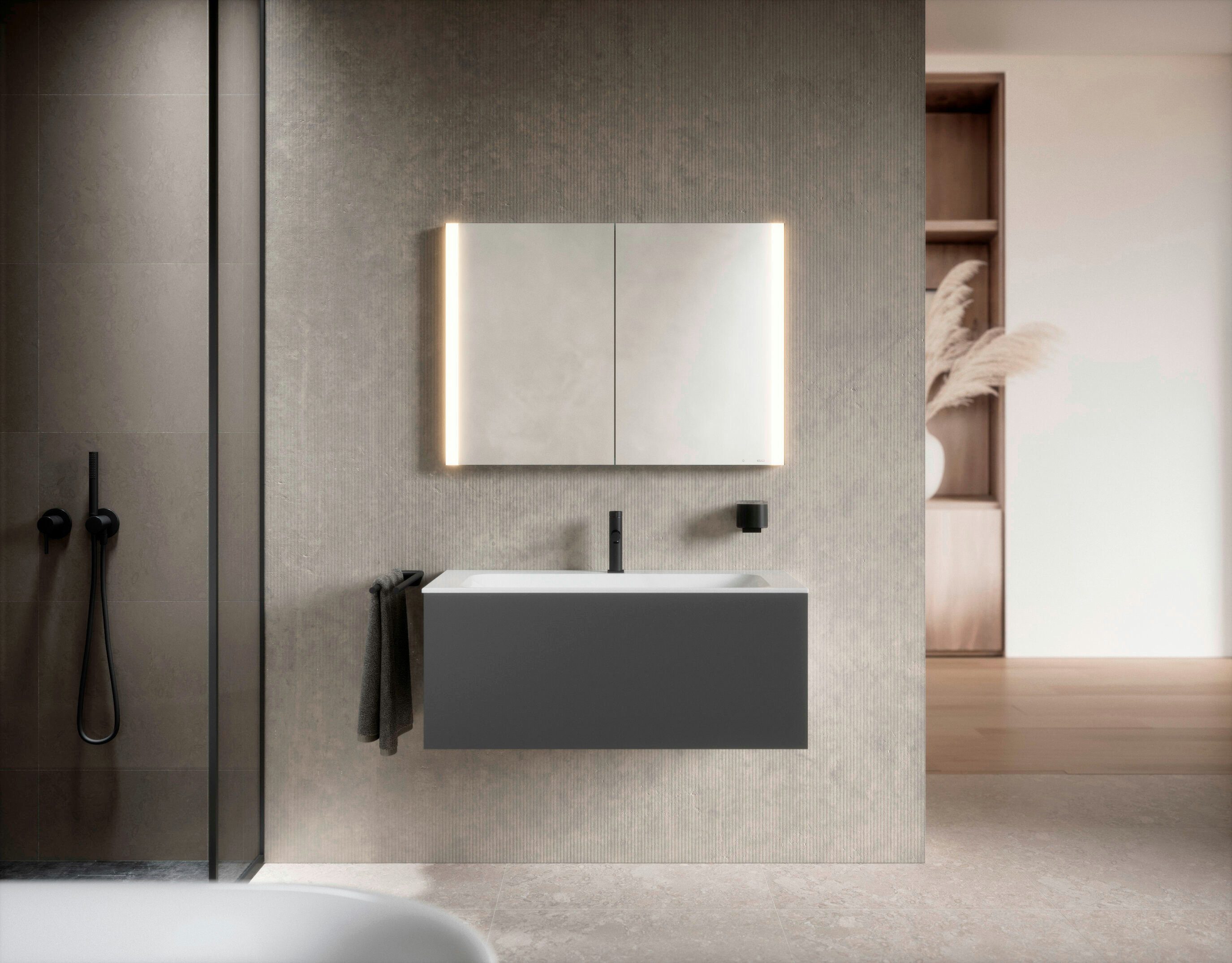 Keuco Badezimmerspiegelschrank Royal Finn mit LED-Beleuchtung 100 cm, Unterputz, mit 2 Türen, aus Aluminium, Seiten verspiegelt
