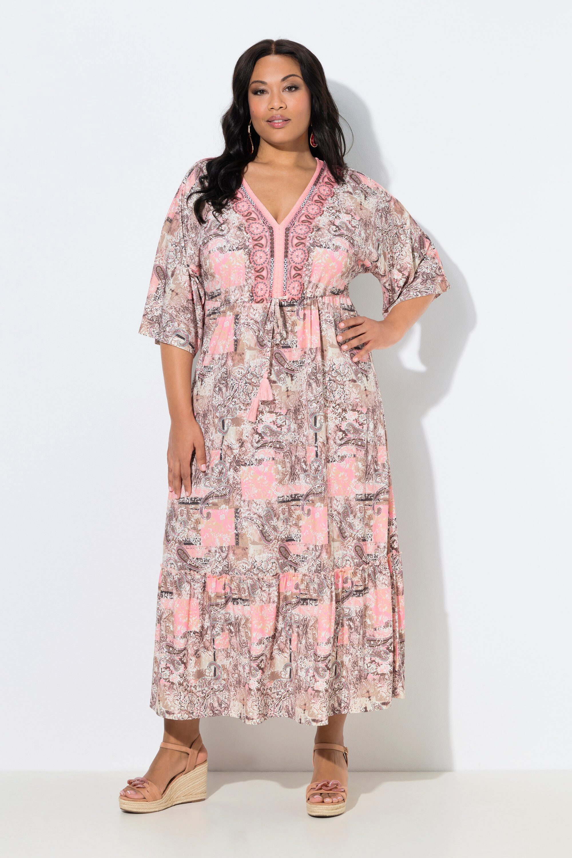 Ulla Popken Jerseykleid Maxikleid V-Ausschnitt 3/4-Arm Volantsaum günstig online kaufen