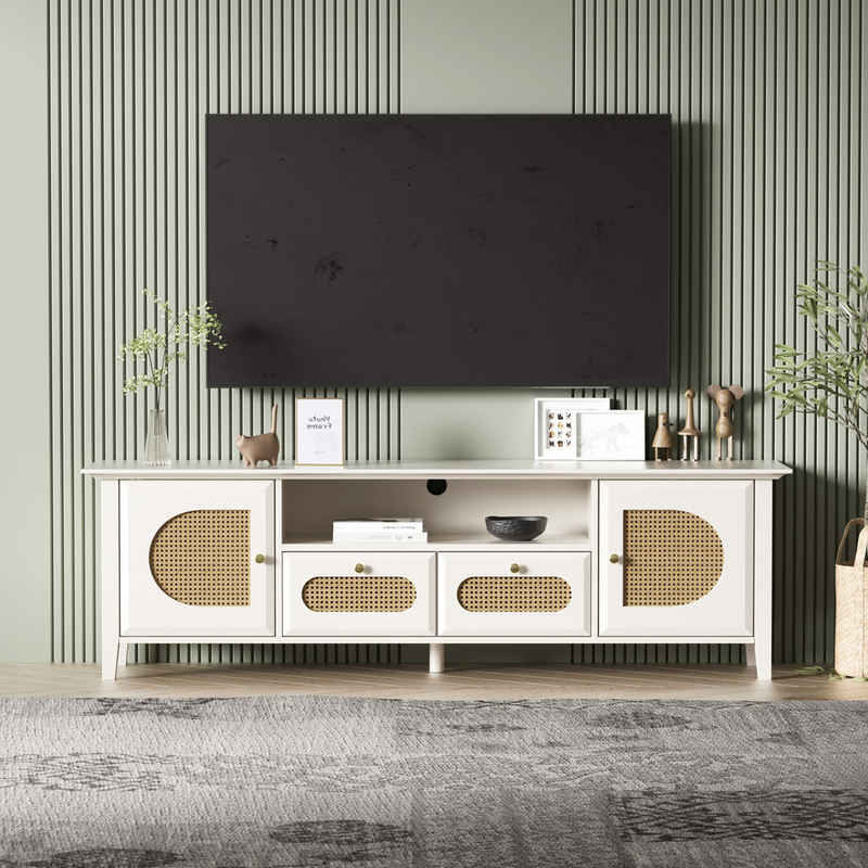 Merax TV-Schrank Fernsehtisch mit Rattandekor Lowboard Landhaus mit Schubladen und Türen, TV-Board, B:160cm
