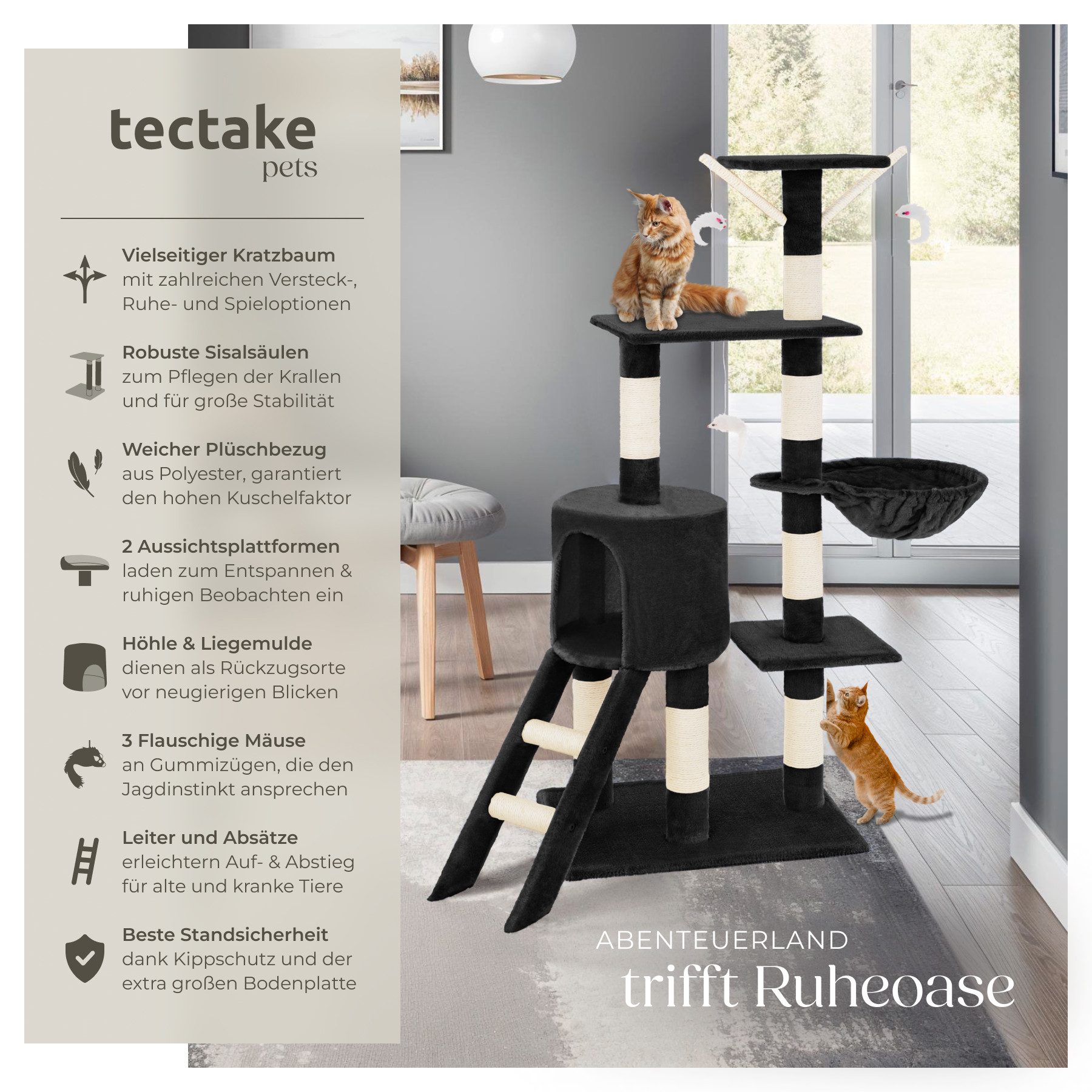 tectake Kratzbaum Katzenbaum Dominik 144 cm Diverse Farben Schwarz, Vielseitig mit robusten Sisalstangen und Plüschoberfläche