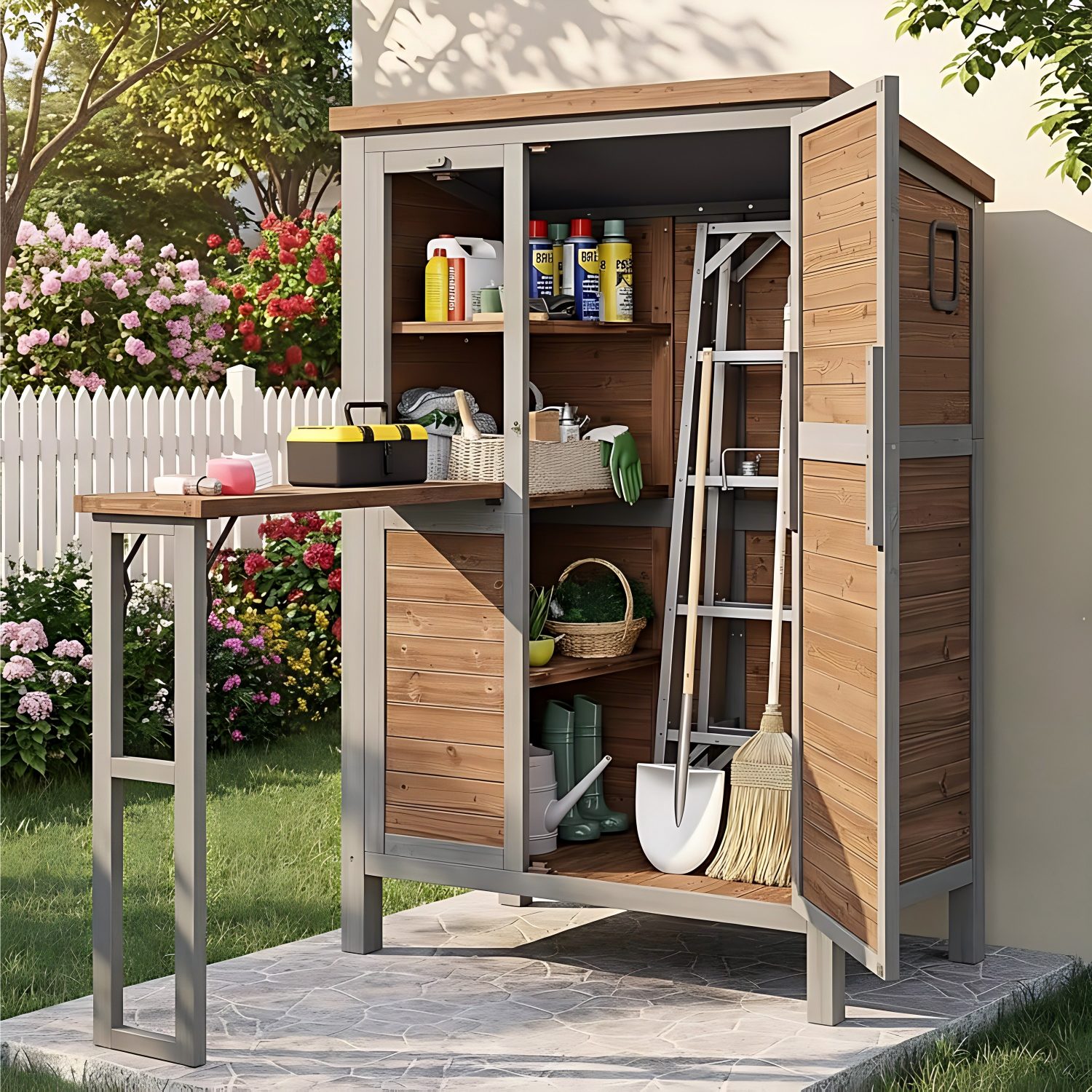 L&K Gartenhaus Gartenschrank aus Holz wetterfest, Ausklappbare Arbeitsplatte