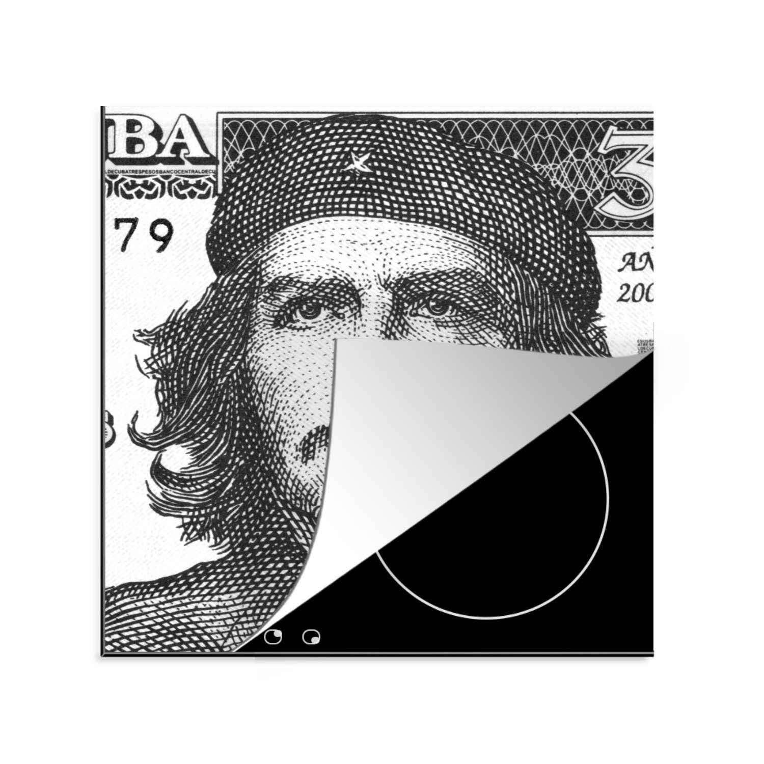 MuchoWow Herdblende-/Abdeckplatte Schwarz-Weiß-Porträt von Che Guavara auf einer 3-Peso-Note, Vinyl, (1 tlg), 78x78 cm, Ceranfeldabdeckung, Arbeitsplatte für küche | Herdabdeckplatten