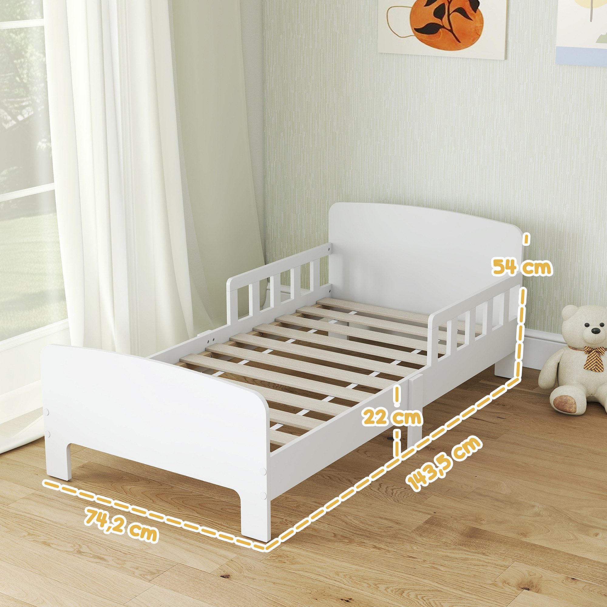 AIYAPLAY Kinderbett mit Rausfallschutz, Lattenrost (Kleinkindbett, 1-tlg., 143,5 x 74,2 cm Einzelbett), für Mädchen und Jungen 3–8 Jahre, Weiß