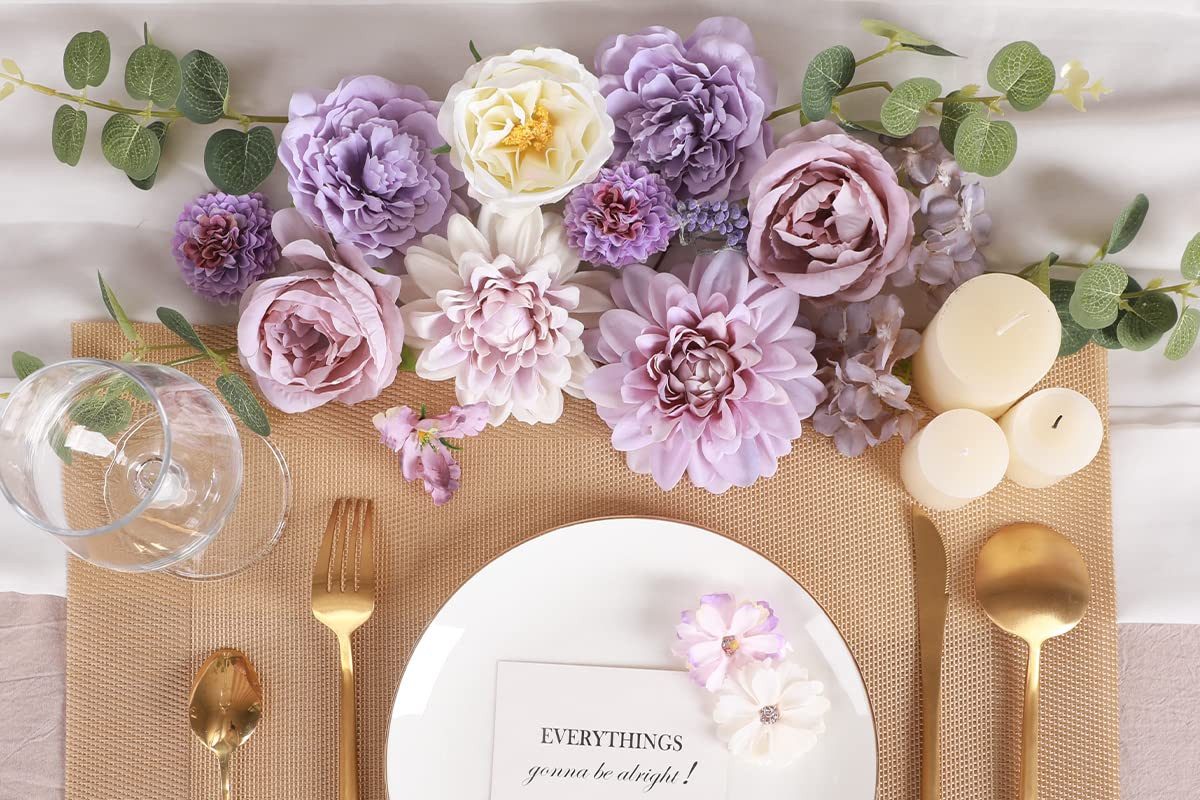 Kunstblume Künstliche Blumen Set, Seidenblumen Mix mit Dahlien & Rosen, Diwzbyn, Blumenstiele für DIY, Hochzeiten, Tischdeko & Wohndeko – Bild 3 von 5