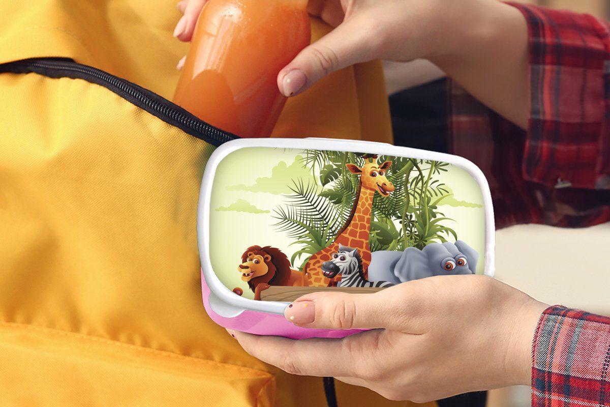 MuchoWow Lunchbox Brotdose Mädchen, Erwachsene, Kunststoff, Snackbox, Dschungeltiere Kinder, - Giraffe, für rosa Natur (2-tlg), - Kunststoff Kinder Brotbox 
