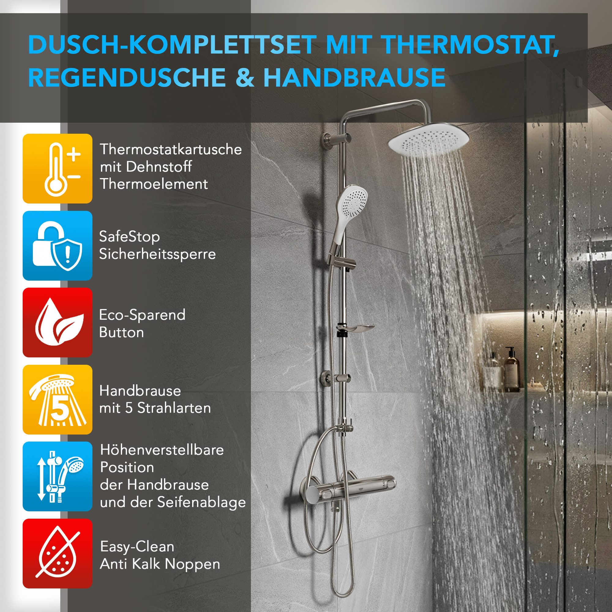 Grohe Duscharmatur Precision Flow Thermostat Set mit Aloni Duschgarnitur 3 Strahl Chrom (Spar-Set) mit Regendusche, 3 Strahlarten mit SafeStop Sicherheitssperre bei 38°