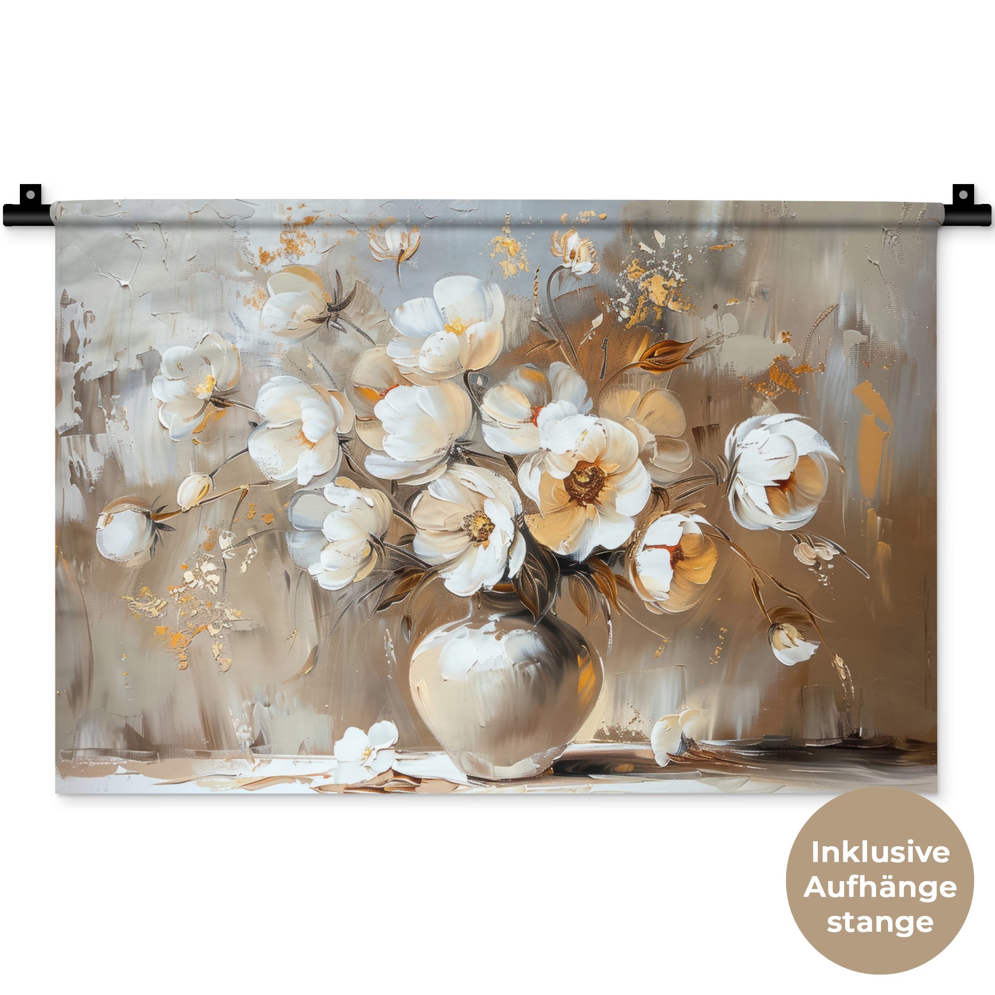 MuchoWow Wandteppich Vase - Blumen - Kunst - Gold, Rechteckig, Höhe: 3 mm, Wandteppich für Wohnzimmer, Schlafzimmer, 60x40 cm