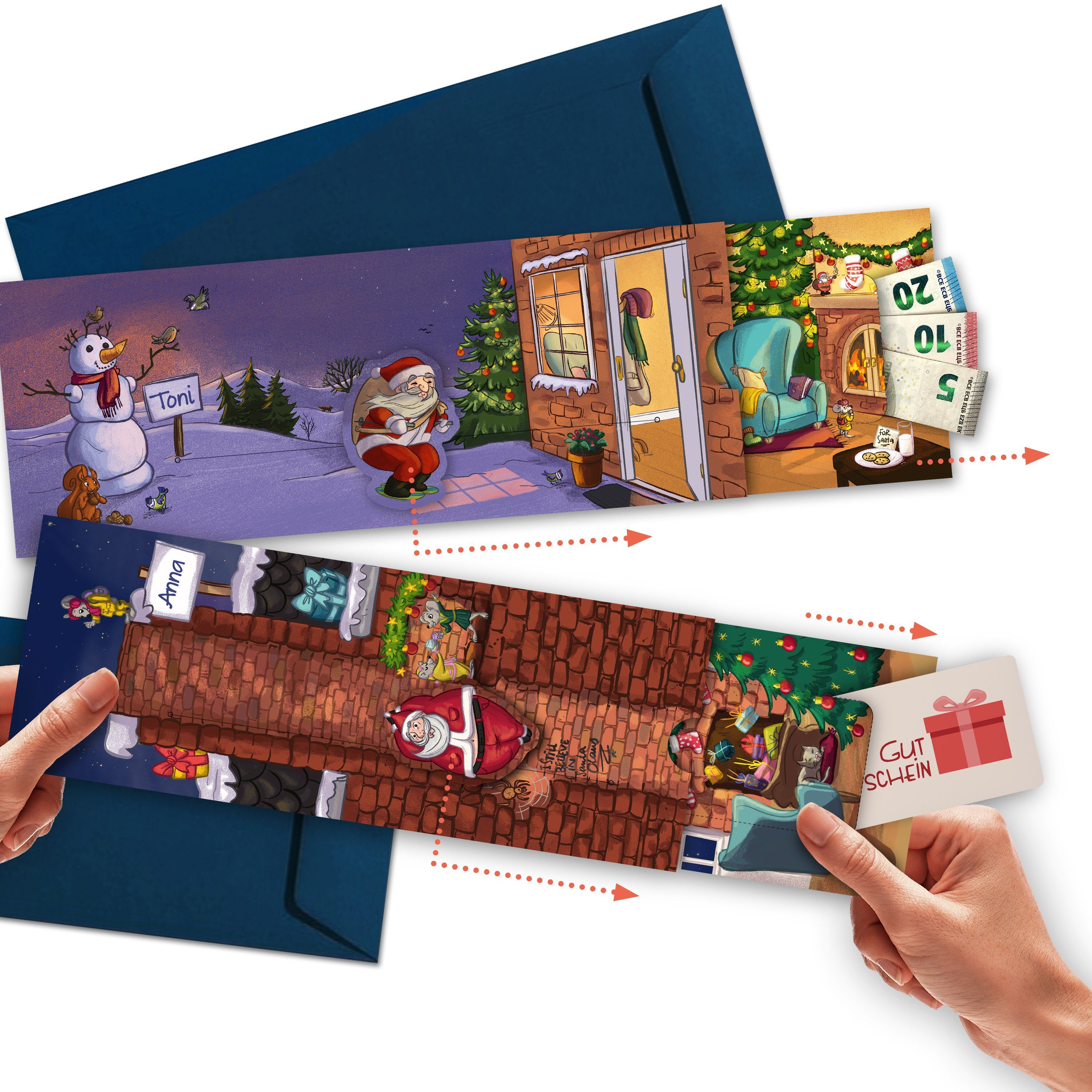 SURPRISA Grußkarten Weihnachtskarten 2er Set, lebendige Gutscheinkarten zum Aufschieben, mit 2 weihnachtlichen Motiven für Geldgeschenke zum selbstgestalten