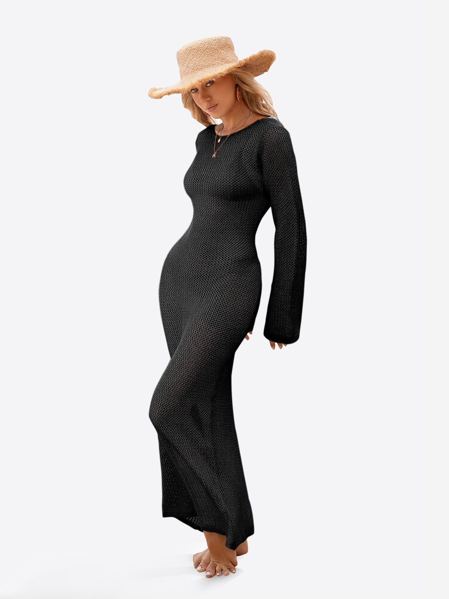 Imily Bela Strandkleid Damen Häkelstrick Beach Bikini Cover-Up Strandüberwurf (Packung, 1-tlg., 1per-Pack) mit Glockenärmeln und V-Ausschnitt – Bild 3 von 5