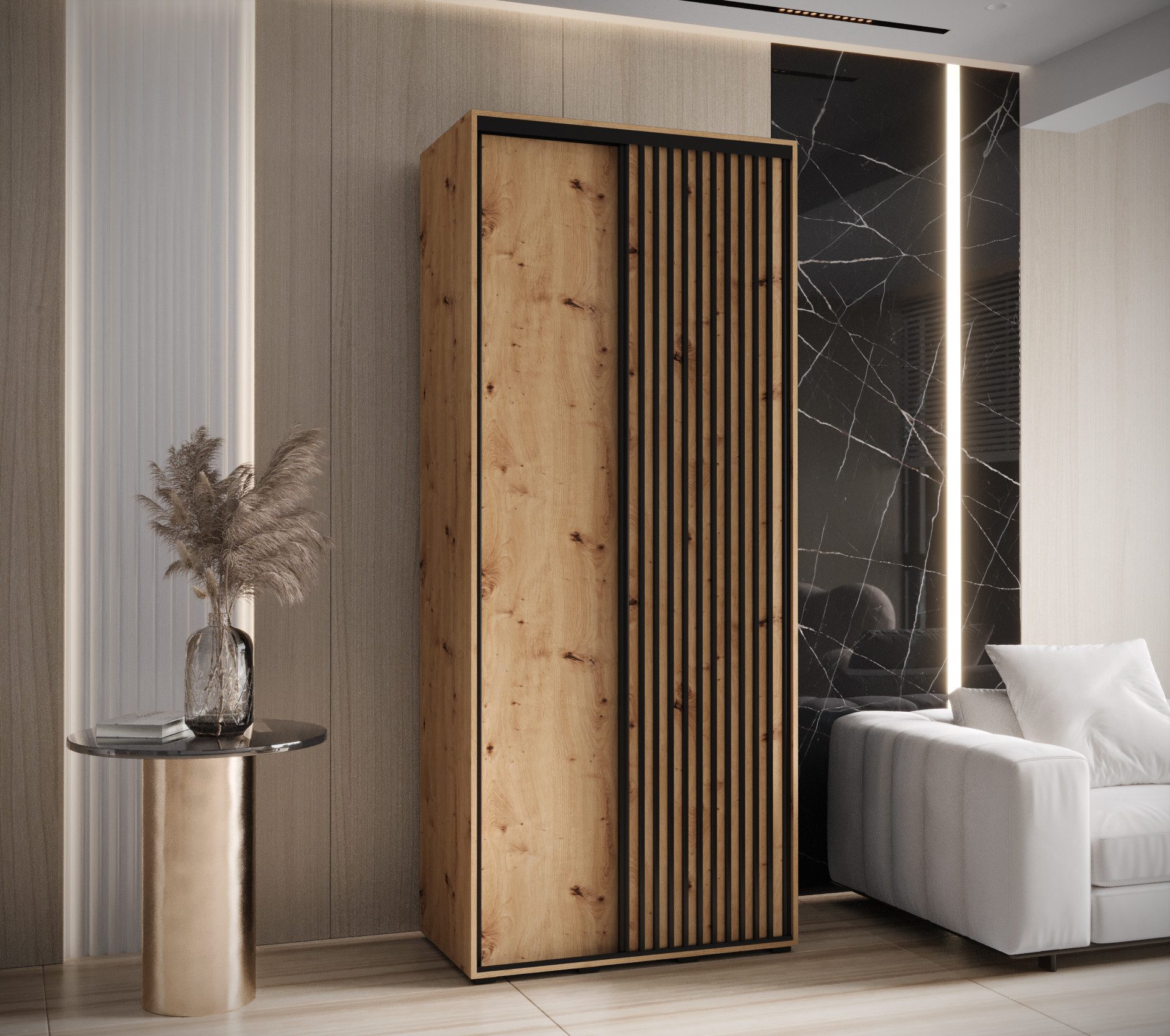 MOEBLO Schiebetürenschrank RILLO (Wohnzimmerschrank, Schwebetürenschrank 2-türig Schrank Garderobe Schiebtüren Schlafzimmer) Lamellen