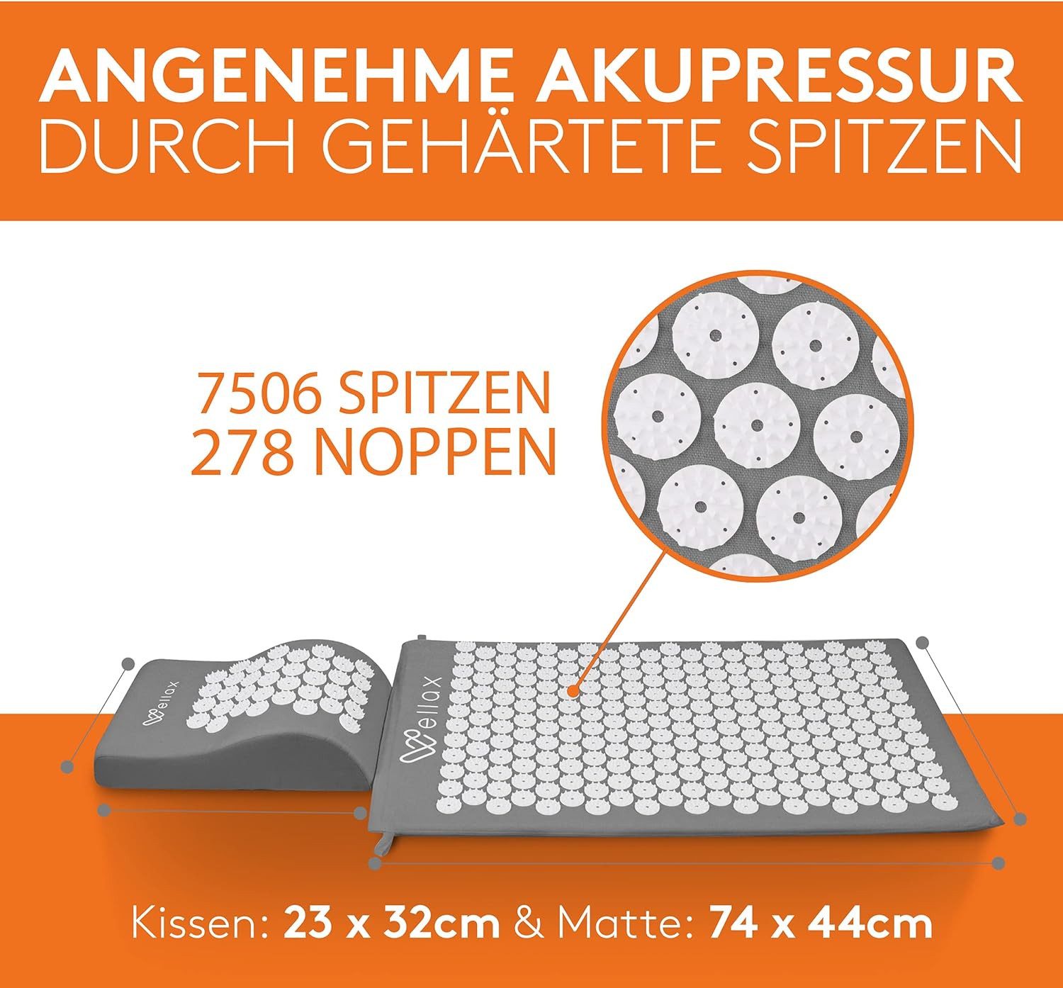 Wellax Akupressurmatte mit Kissen - Gefüllt mit 100% Kokosfaser (Mit Matte, Kissen und Tragetasche), - ideale Hautverträglichkeit, nachhaltig produziert - Grau