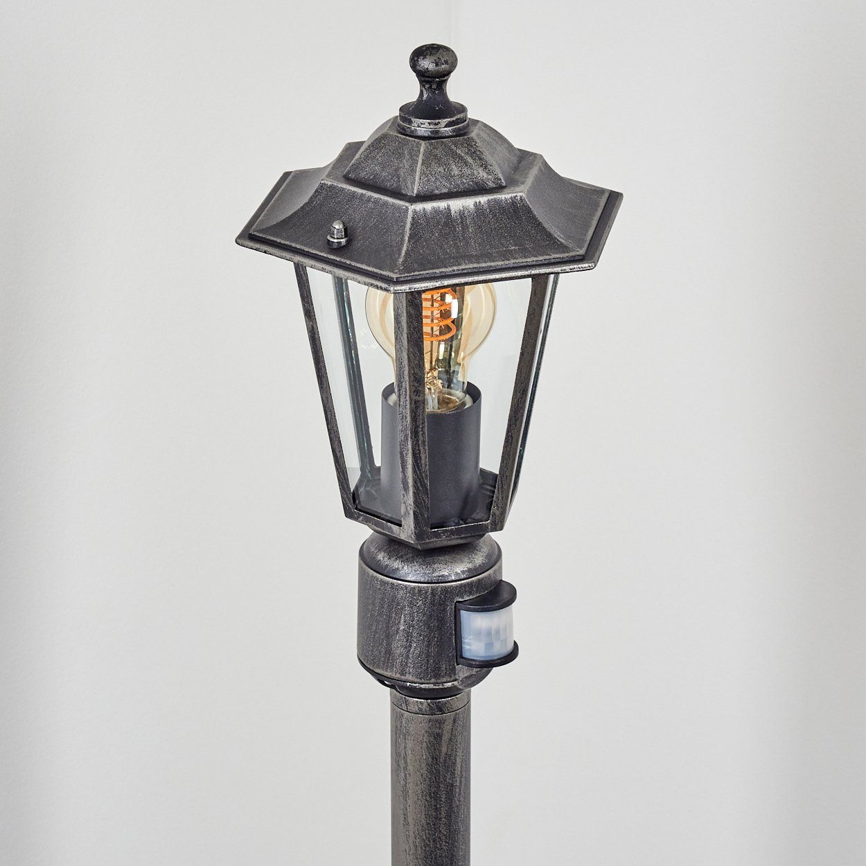 hofstein Pollerleuchte Wegeleuchte m. Bewegungsmelder aus Metall/Glas in Schwarz-Silberfarben, ohne Leuchtmittel, Außenleuchte, Gartenlampe, IP44, 1x E27, ohne Leuchtmittel
