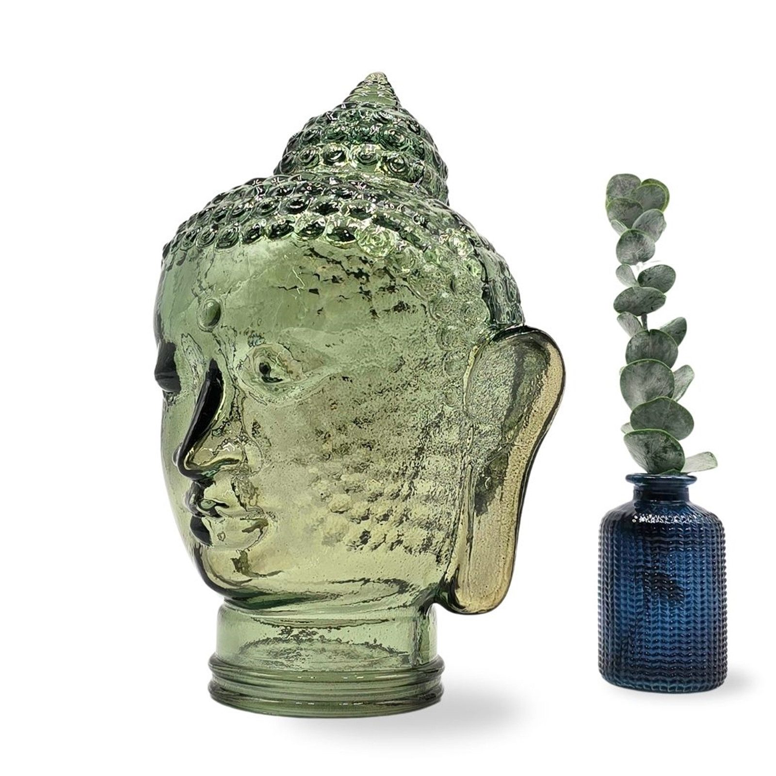 DESIGN DELIGHTS Skulptur THAI BUDDHA KOPF aus Glas, 30cm, Glaskopf Skulptur, T06 olivgrün
