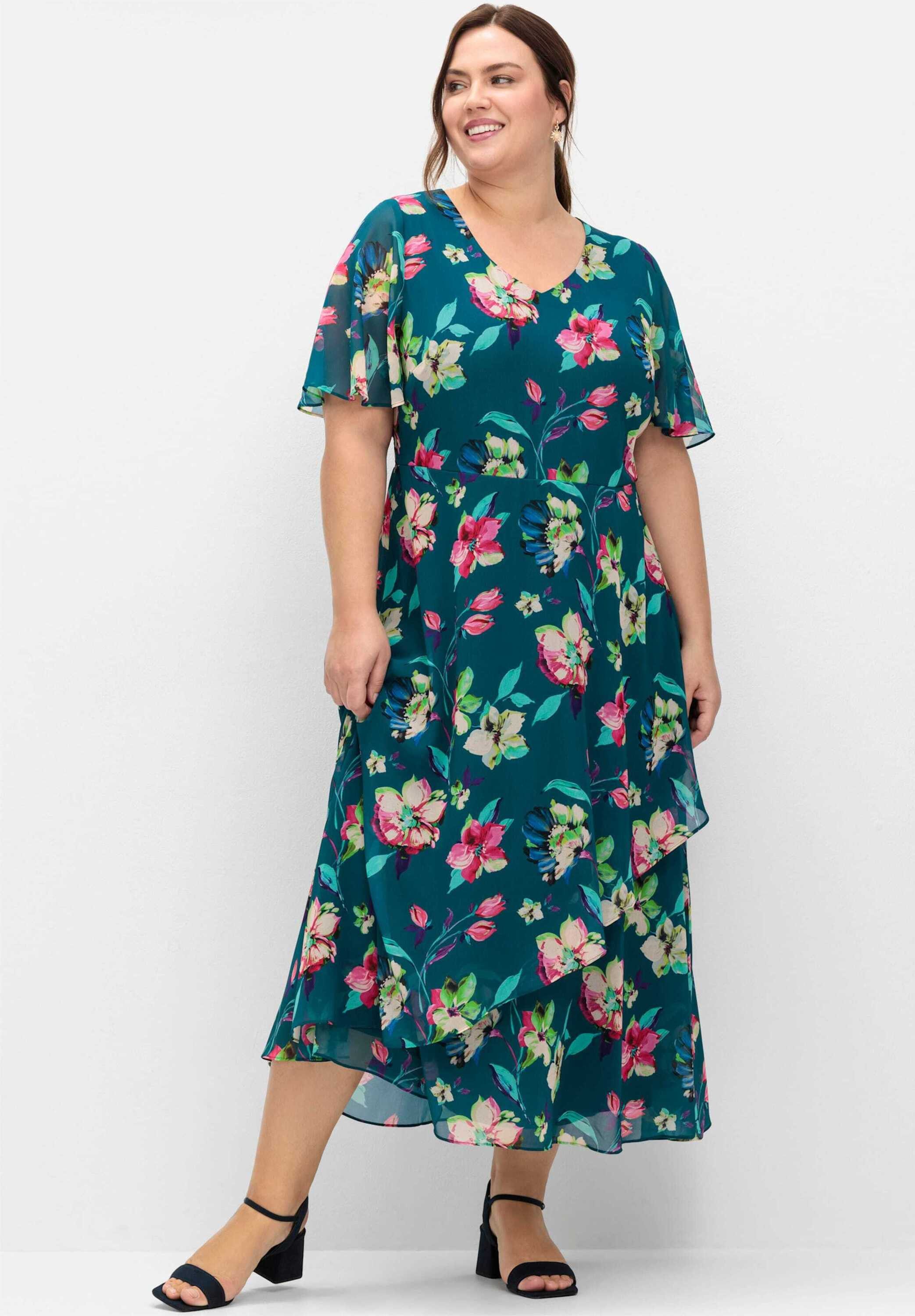 Sheego Etuikleid Abendkleid Kurzarm mit Blumenprint, blickdicht gefüttert