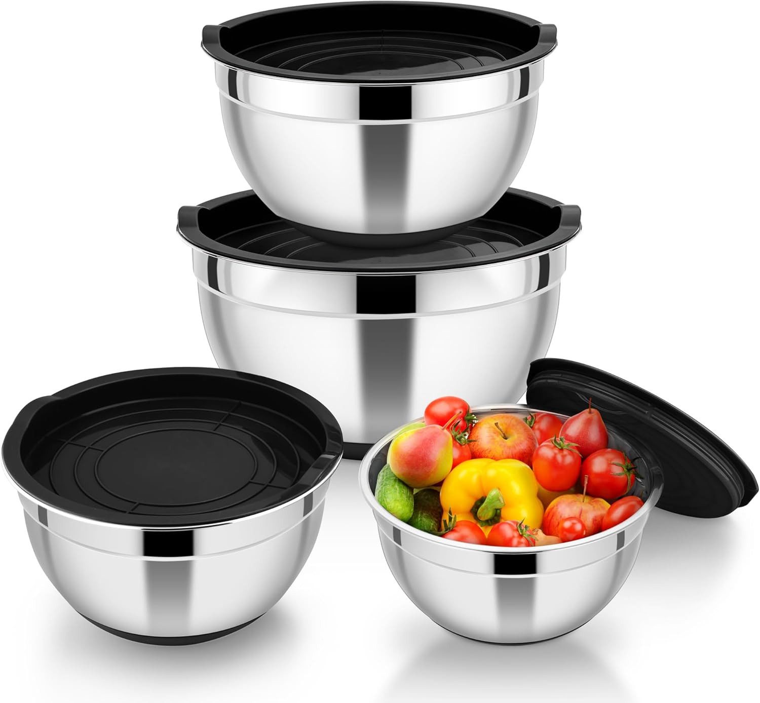 PFCTART Rührschüssel Schüssel Set mit Deckel - Salatschüssel & Edelstahl Schüssel, Edelstahl (Schüsseln), Kunststoff (Deckel), (Rostfrei, leicht zu reinigen - Vielseitig für Vorrat & Zubereitung, 4-tlg), Stapelbar & rutschfest - 16/18/22/26 cm Schüsseln für die Küche