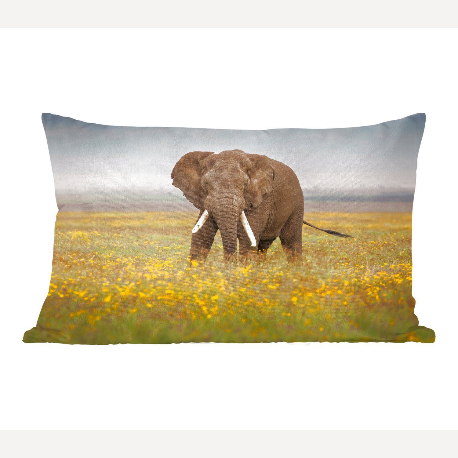 Füllung, - Gras - MuchoWow Elefant - Blumen Natur, Wohzimmer mit Zierkissen, - Dekoration, Dekokissen Tiere Schlafzimmer Dekokissen