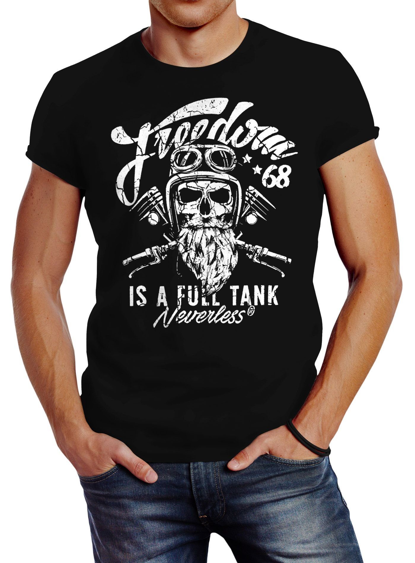 Neverless Print-Shirt Herren T-Shirt Biker Motorrad Motiv Freedom is a full Tank Skull Totenkopf Slim Fit Neverless® mit Print schwarz