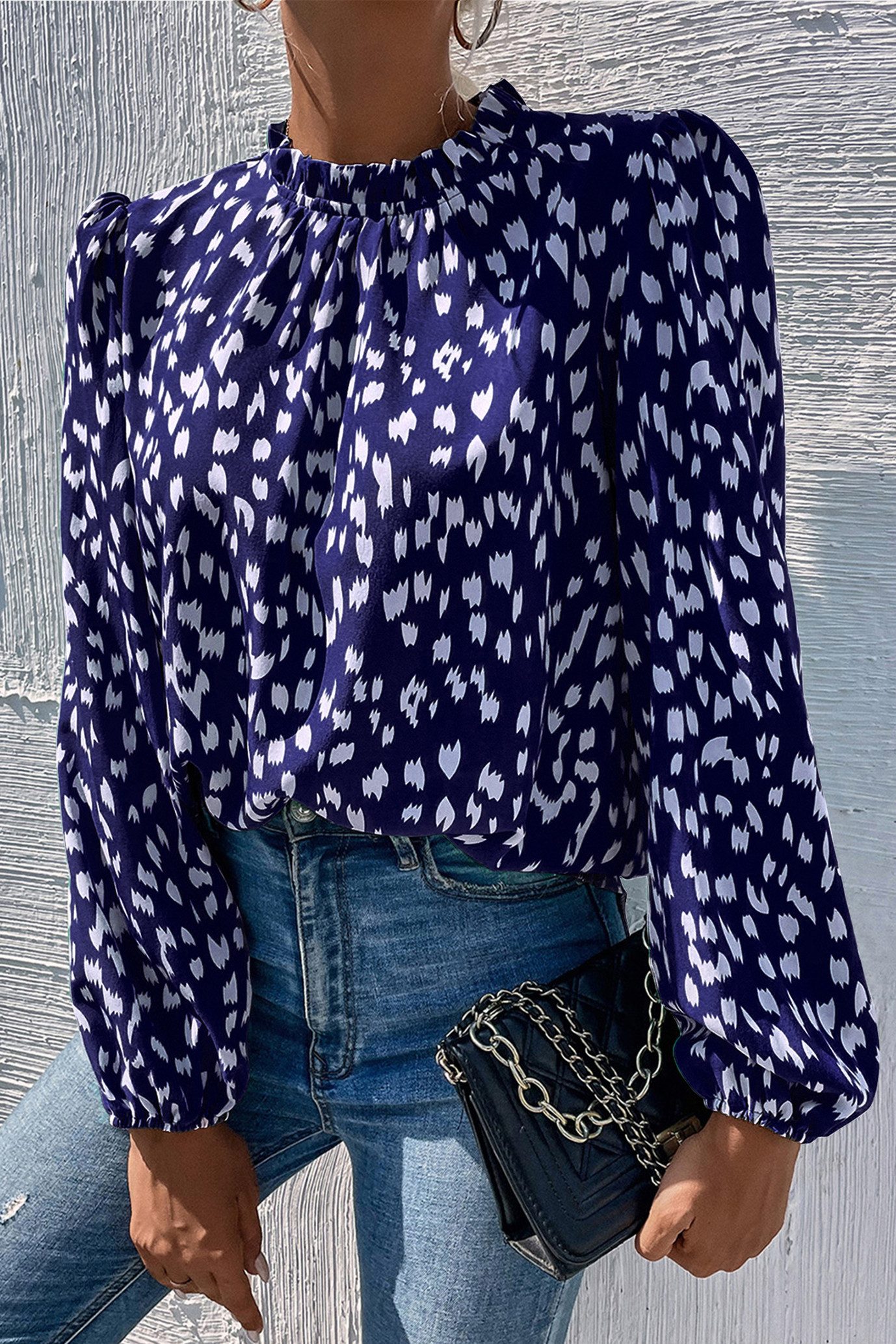 FS Collection Langarmbluse Damen Bluse hochgeschlossenes Oberteil mit Rüschendetail & Blumendruck (XS (UK 8 / EU 36) S (UK 10 / EU 38) M (UK 12 / EU 40) L (UK 14 / EU 42) XL (UK 16 / EU 44, 7 Farben) Leicht, Glatt, Formbeständig und angenehm zu tragen