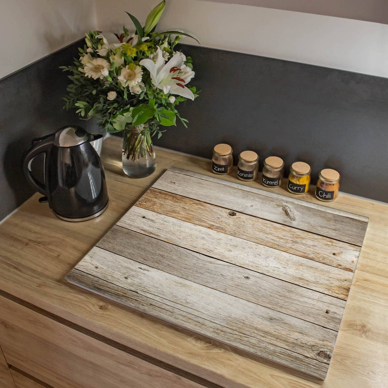 Herd-Abdeckplatte Glas Graues Holz