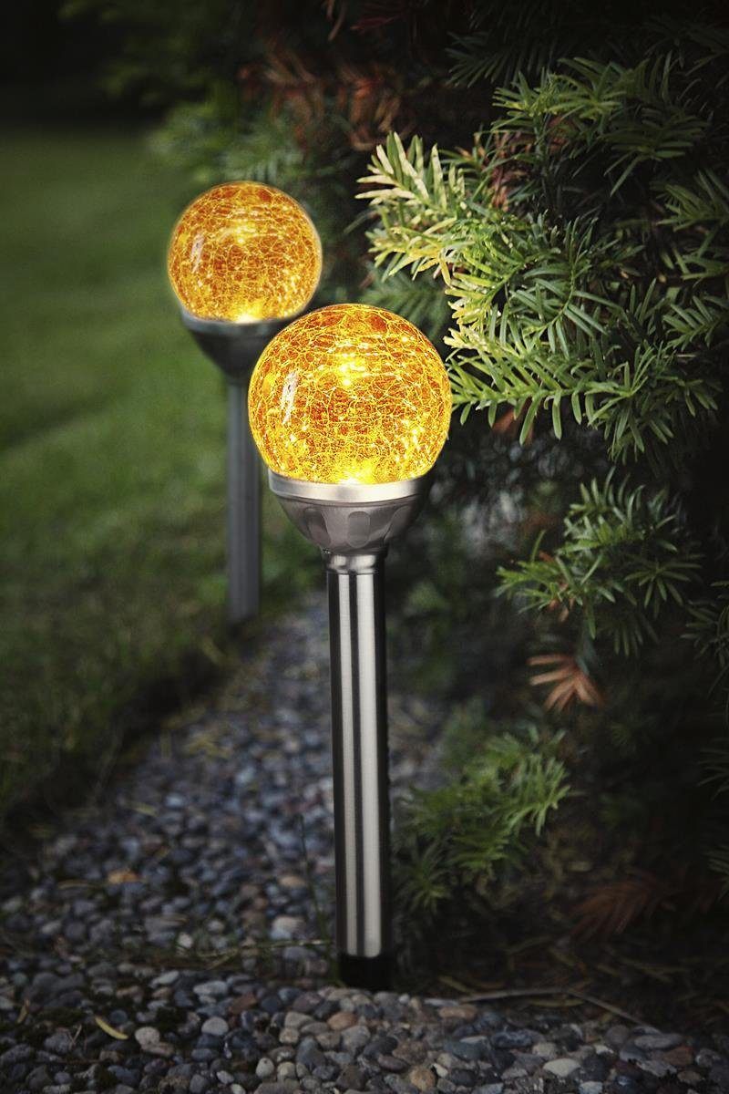 STAR TRADING Classic, amber Gartenstrahler 2er Gartenspieß Set, Lichtsensor - LED - 26,5cm - gelb LED Solarkugel LED 