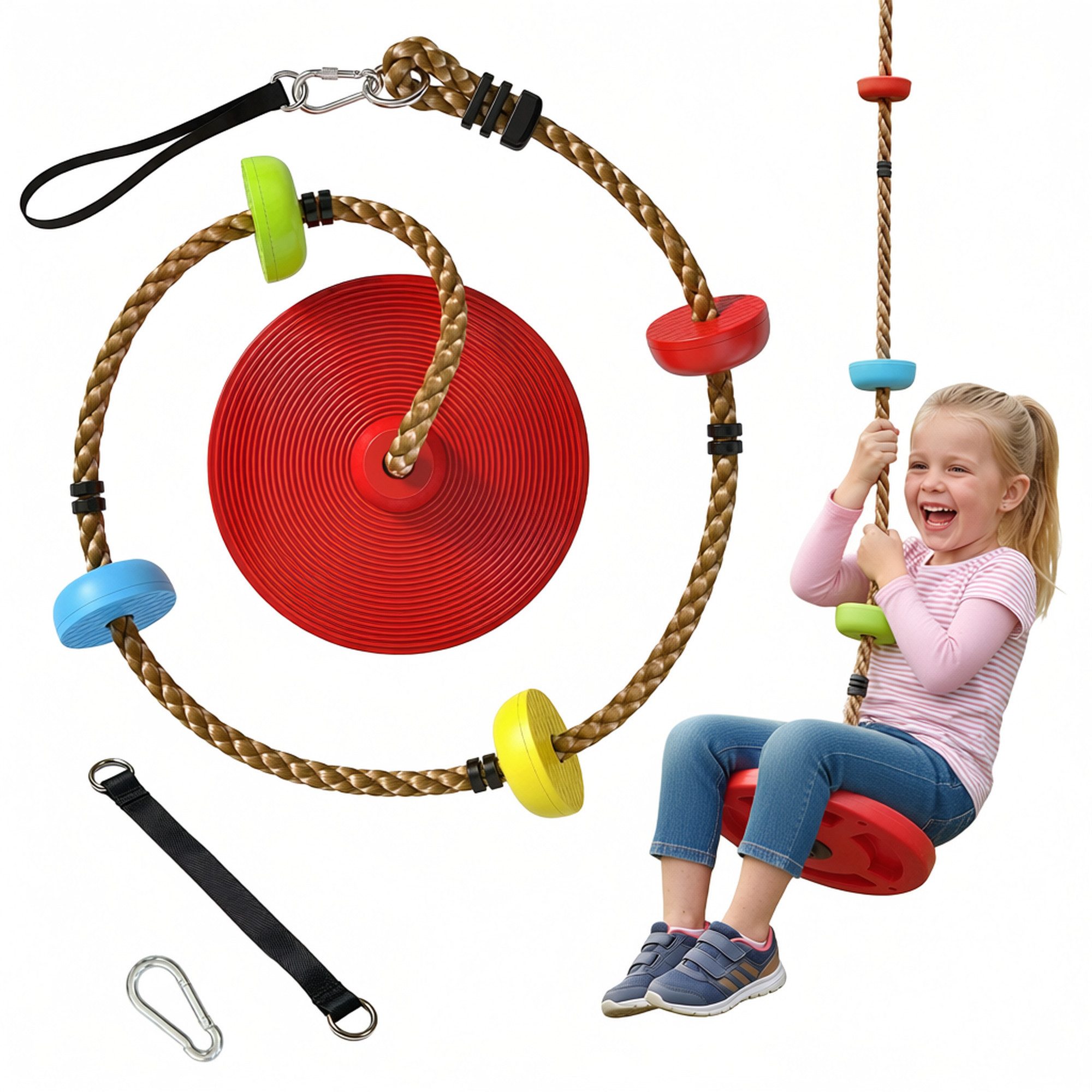 AIYAPLAY Slackline Kletterseil Schaukel mit Plattform, Scheibenschaukel Sitz Outdoor, für 3-8 Jahre Kinder Rot